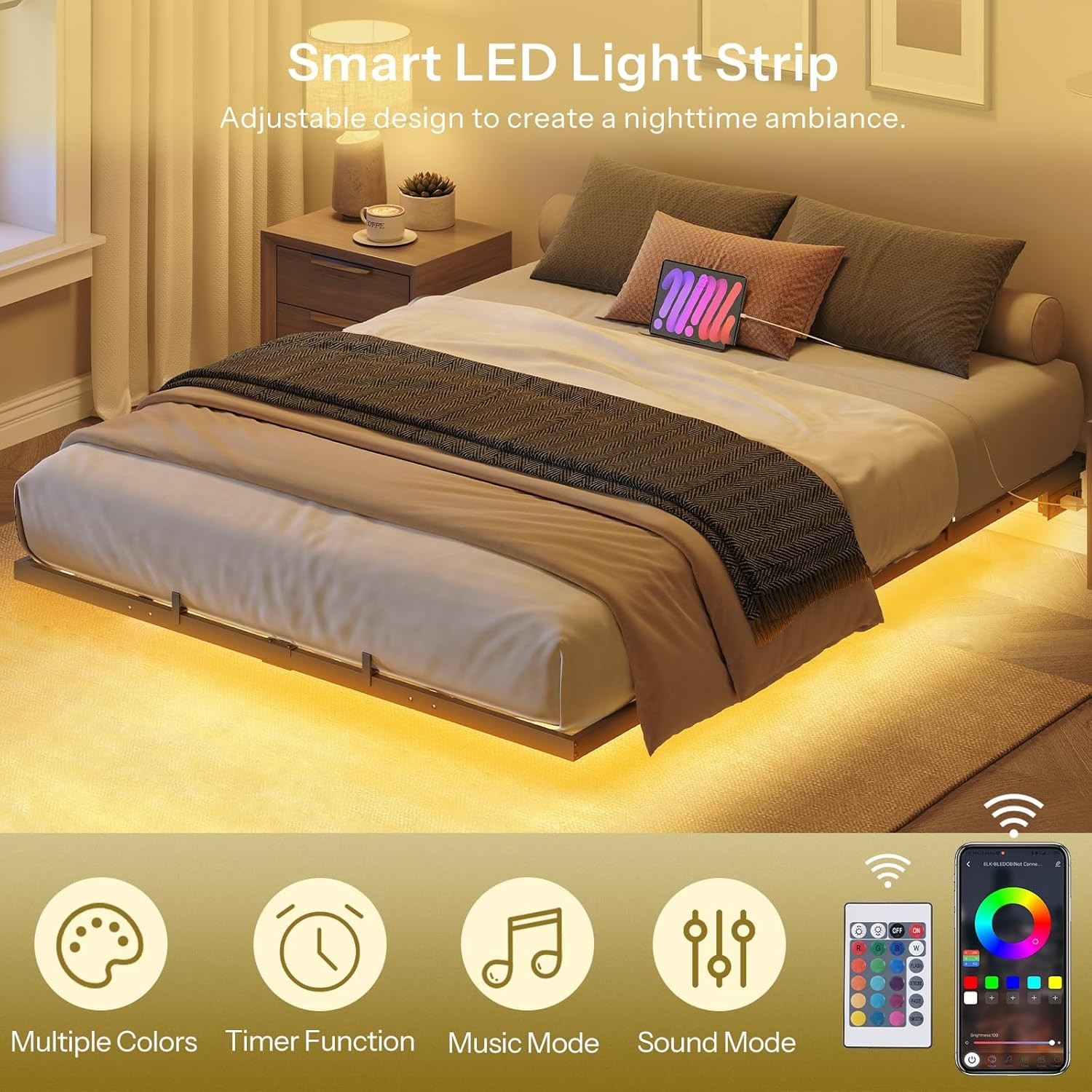 Full Size Floating Bed Frame with LED Lights Charging Ports Metal Platform Black