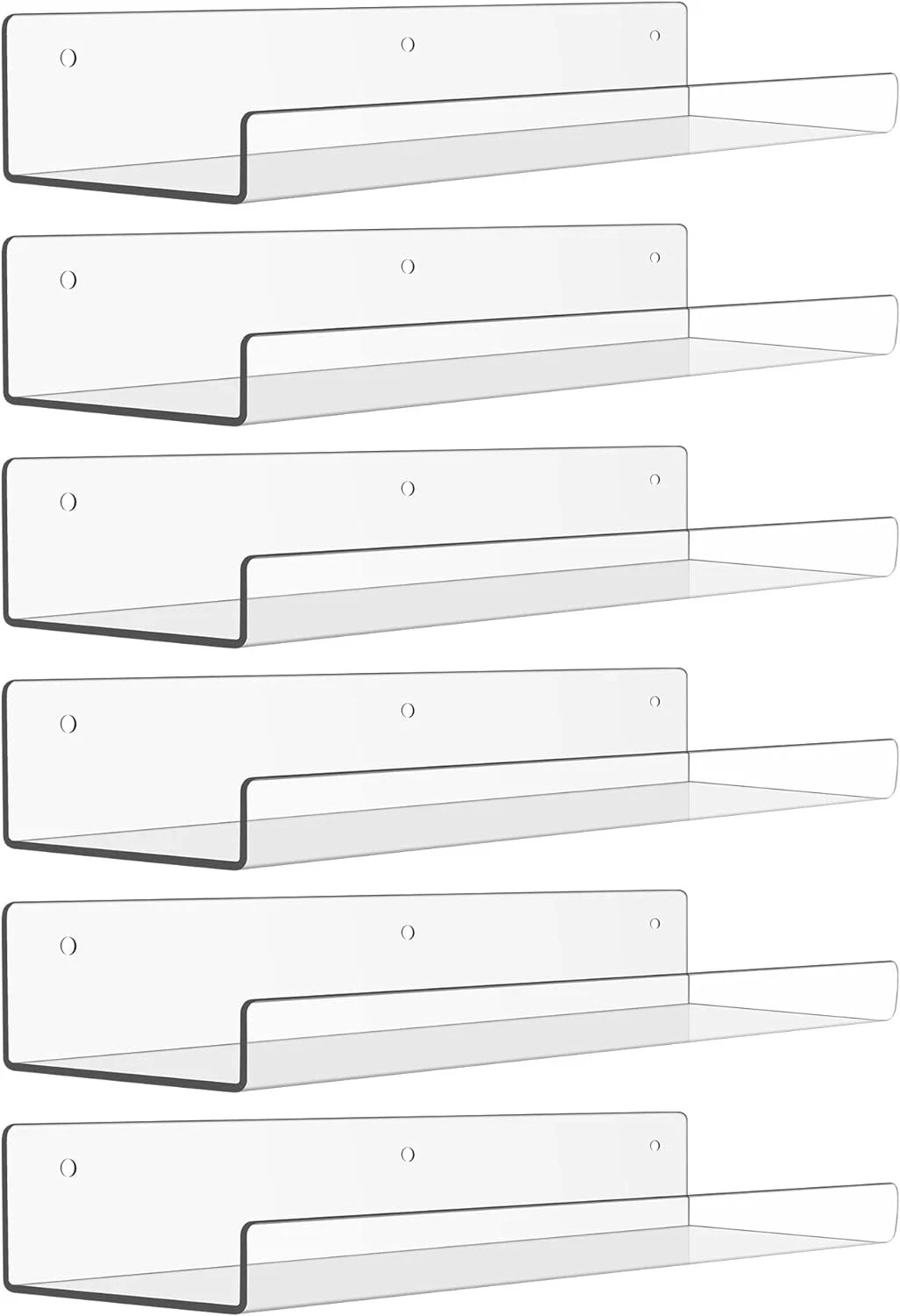 6 Pack Clear Acrylic Floating Wall Shelves 15×4 Display Storage Organizer Set