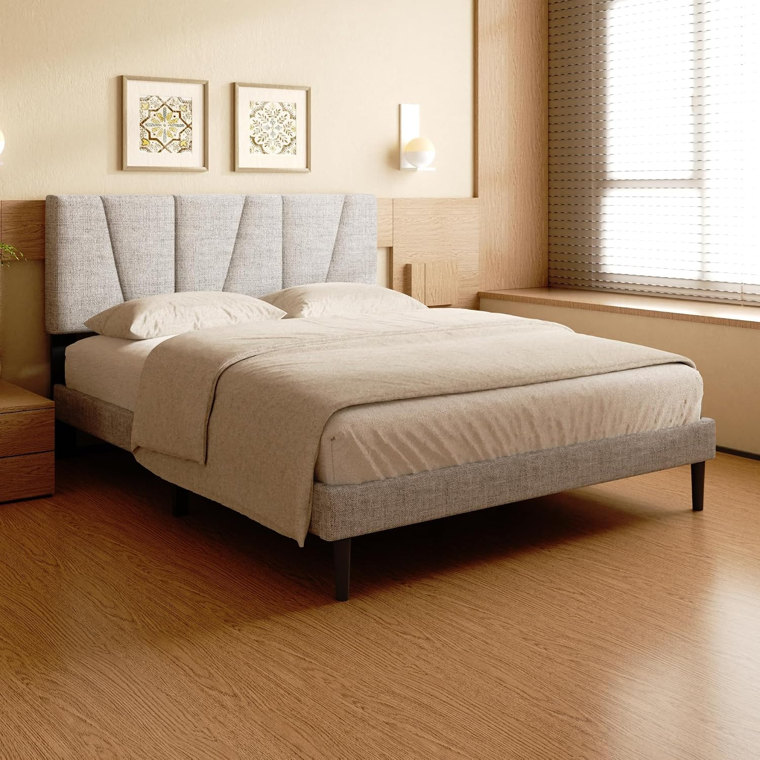 Full Size Bed Frame, Linen Upholstered Platform Bed with Headboard, Strong Woode