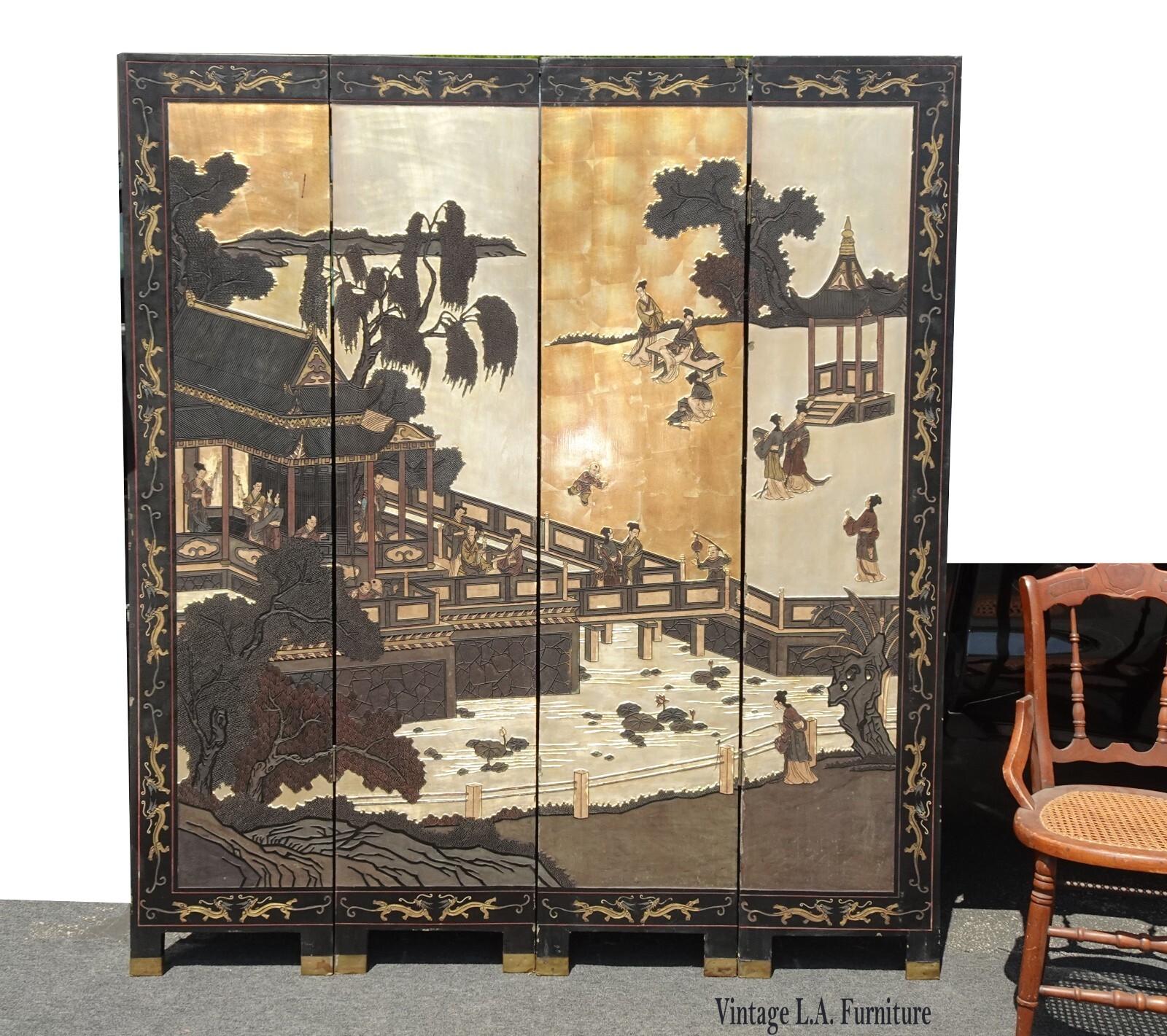 Vtg Oriental Asian Gold Leaf Coromandel Four Panel Screen Room Divider Geishas