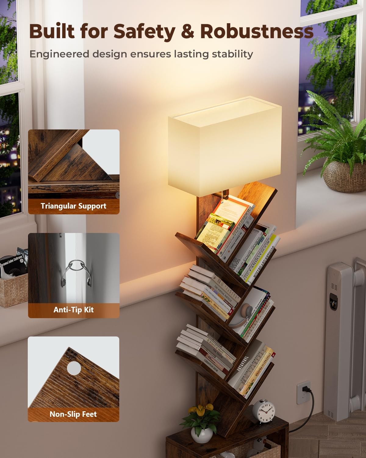 6 Tier Tree Bookshelf with Light, Narrow Bookcase Tower, Tall Floor Standing …