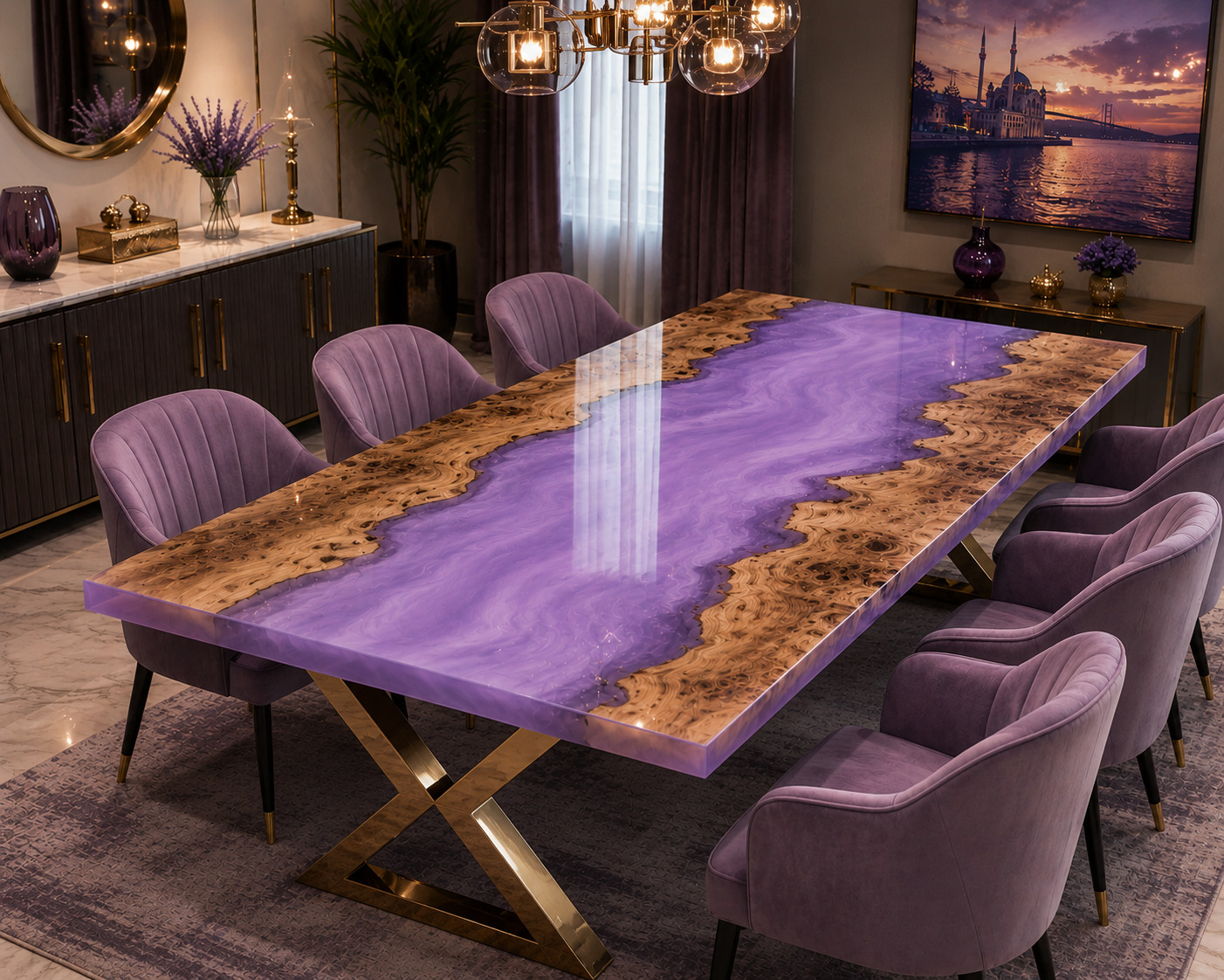 Luxury Burl Wood Purple Epoxy River Dining Table | Handmade Live Edge Resin12X24