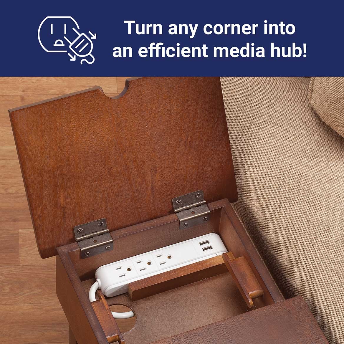 OakRidge Chairside Table with USB Power Strip, 11-In. Wide, Brown Wood Finish