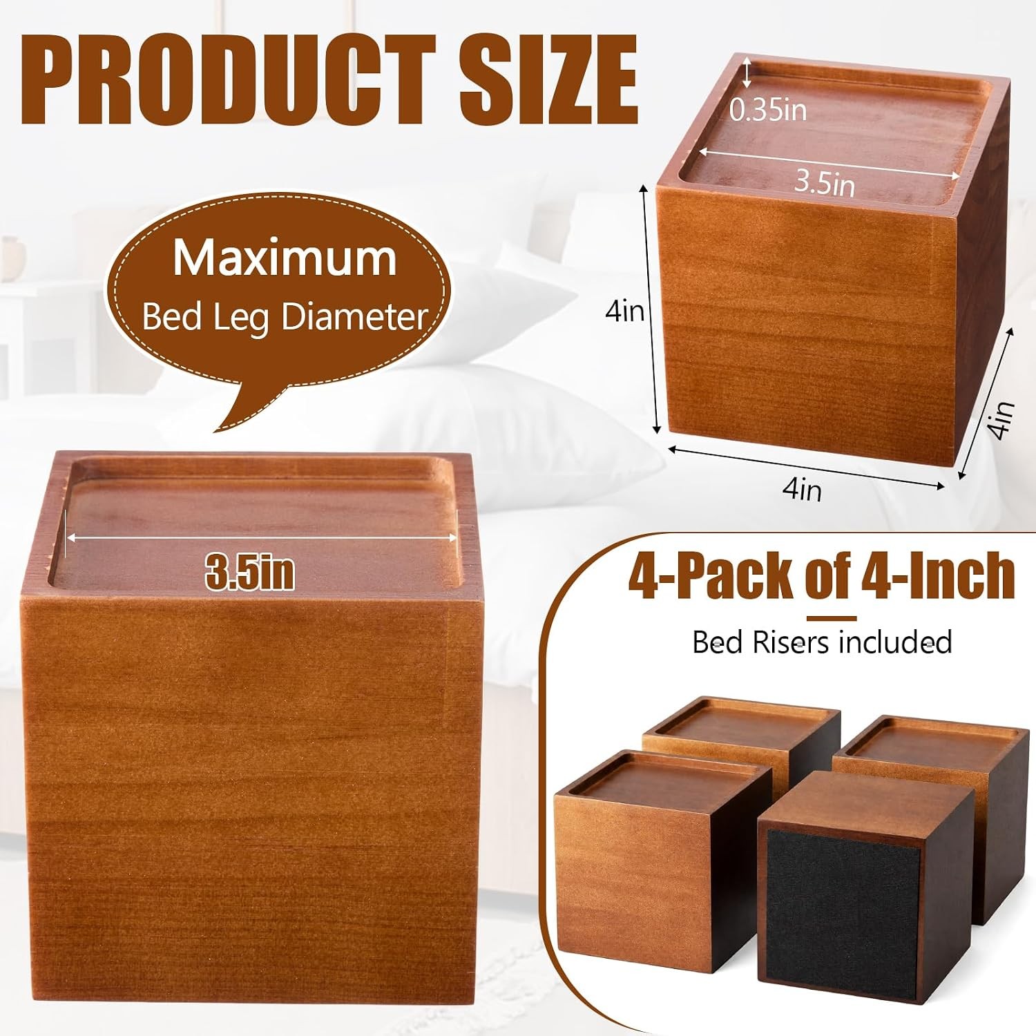 4 Inch Solid Wood Bed Furniture Risers Set of 4, Walnut Color Square Heavy Duty