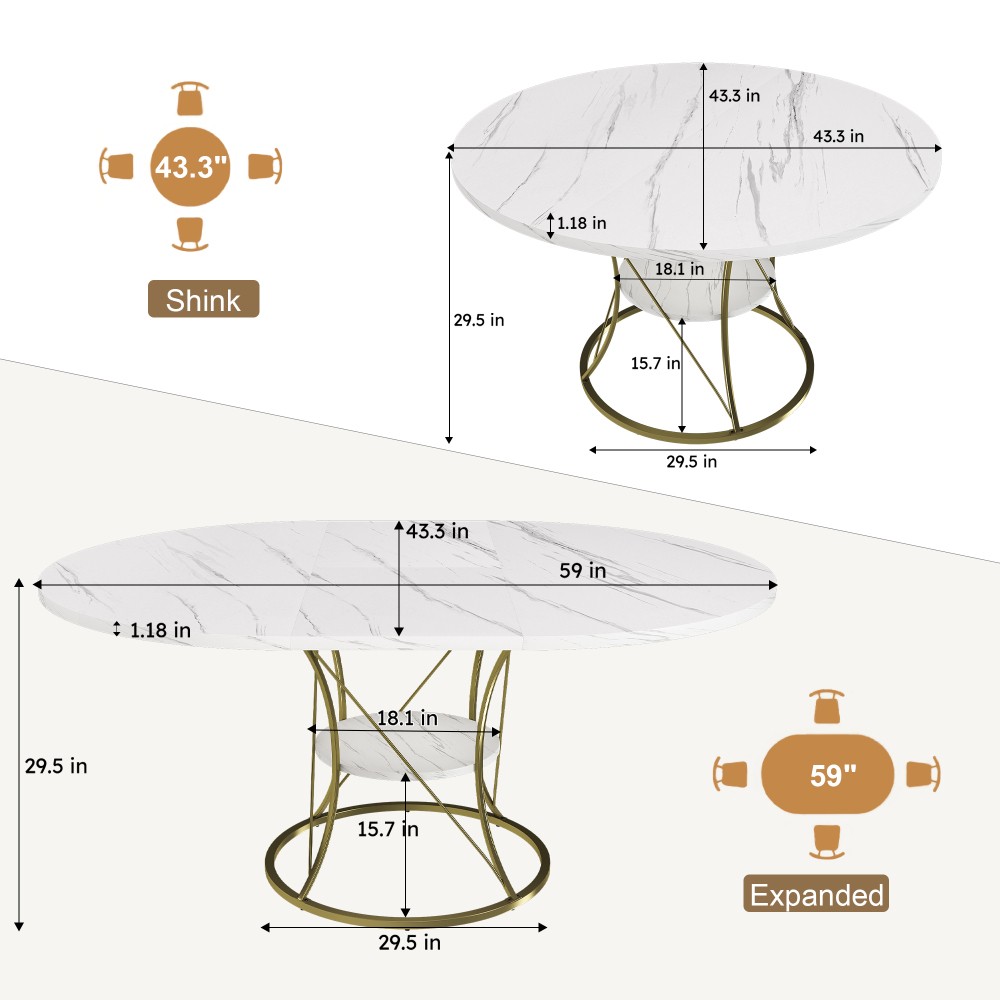 Round dining table, extendable, equipped with storage shelf and metal base