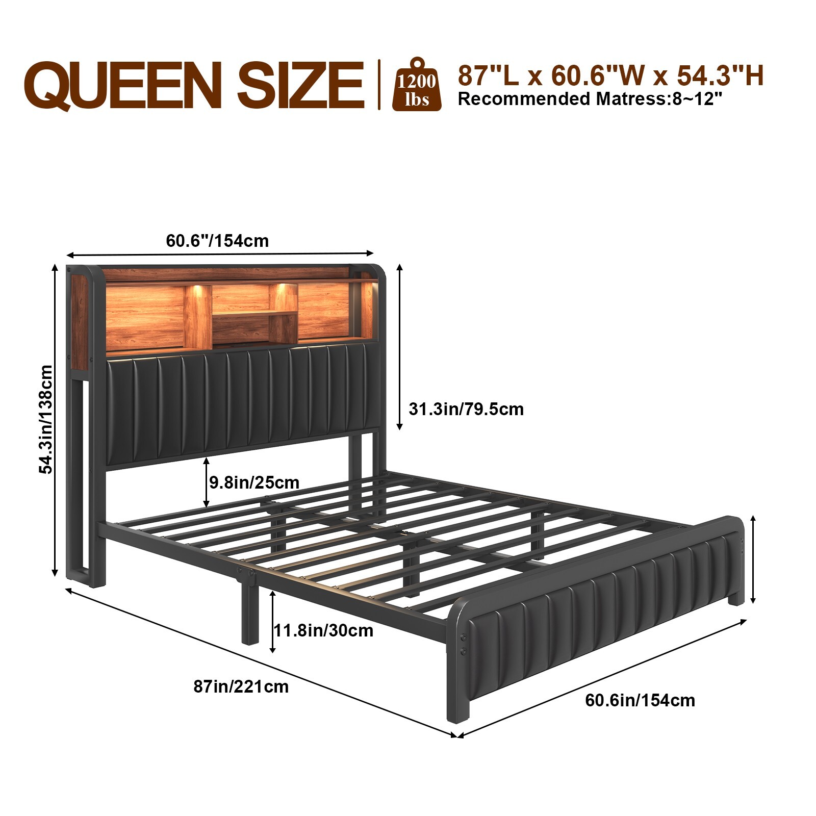 Full/Queen Upholstered Led Bed Frame with Wooden Bookcase and Charging Station