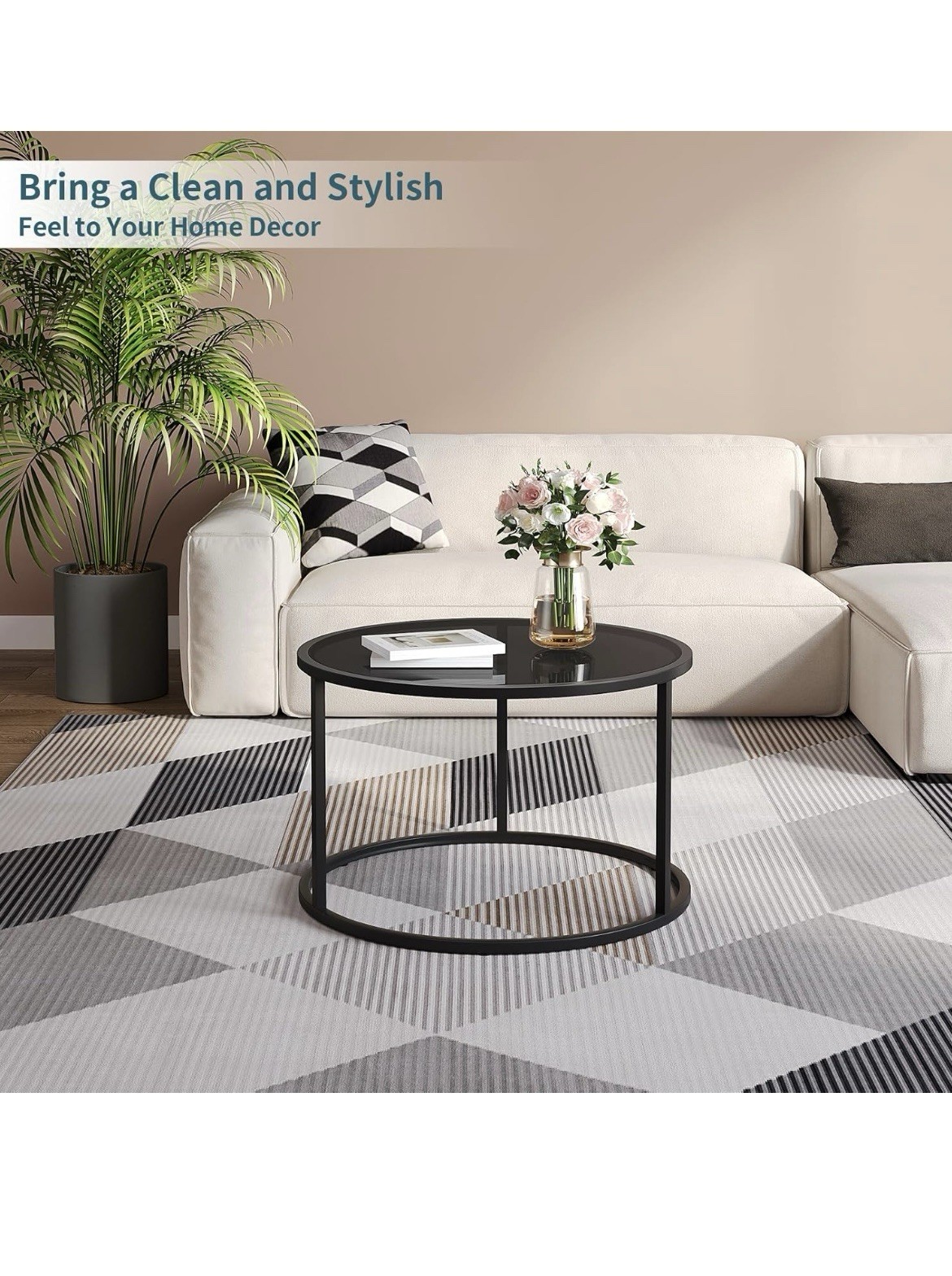 Black Glass Coffee Table Small round Coffee Tables 27.6In Modern Tempered Glass