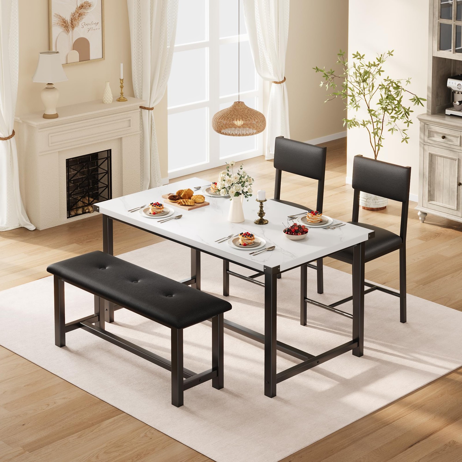 4-Piece Dining Table Set with Upholstered Bench & 2 Chairs ,Modern Kitchen Table