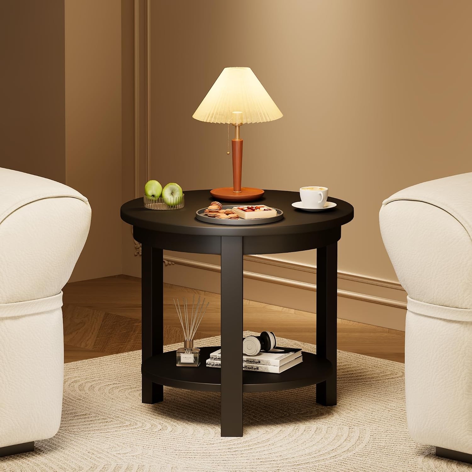 Solid Wood Round End Table with Storage Shelf, 22″ W x 20″ H, Mid Century Modern