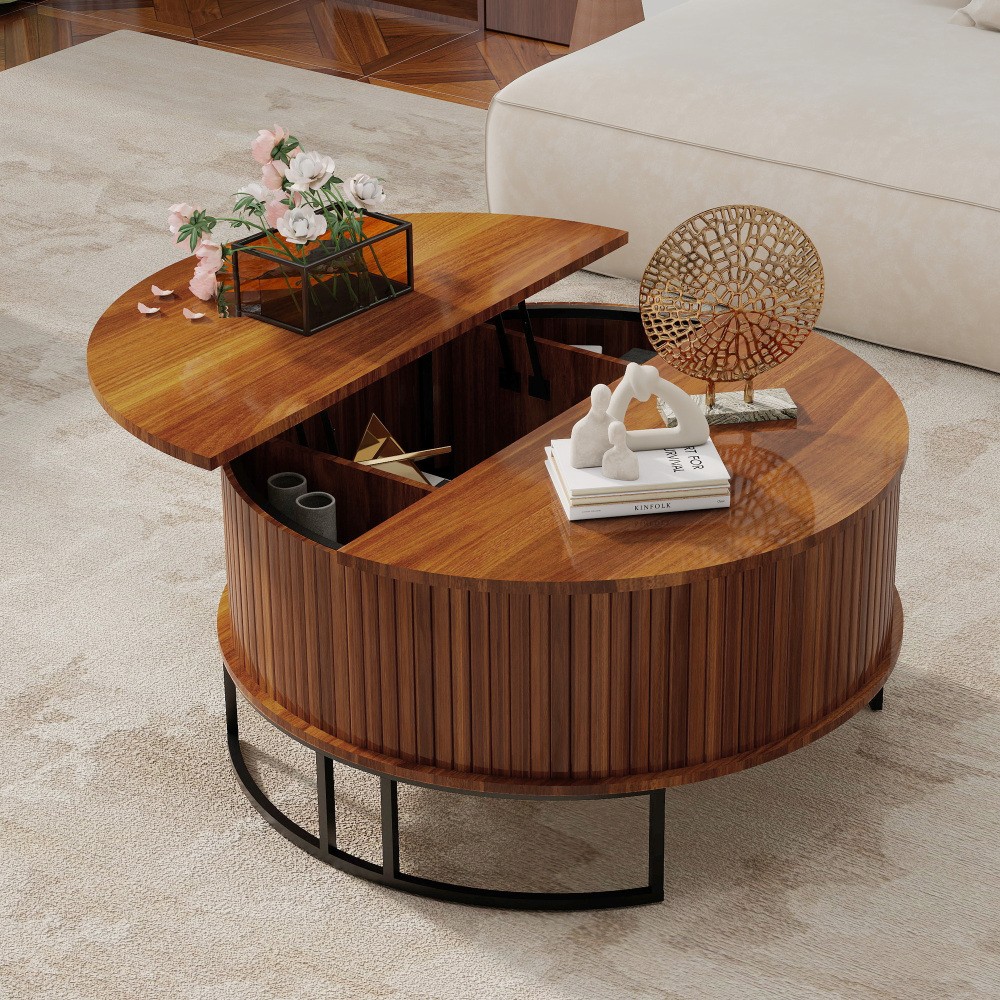 31.5″ Round Coffee Table with Storage Fluted Lift Top Center Table, Living Room