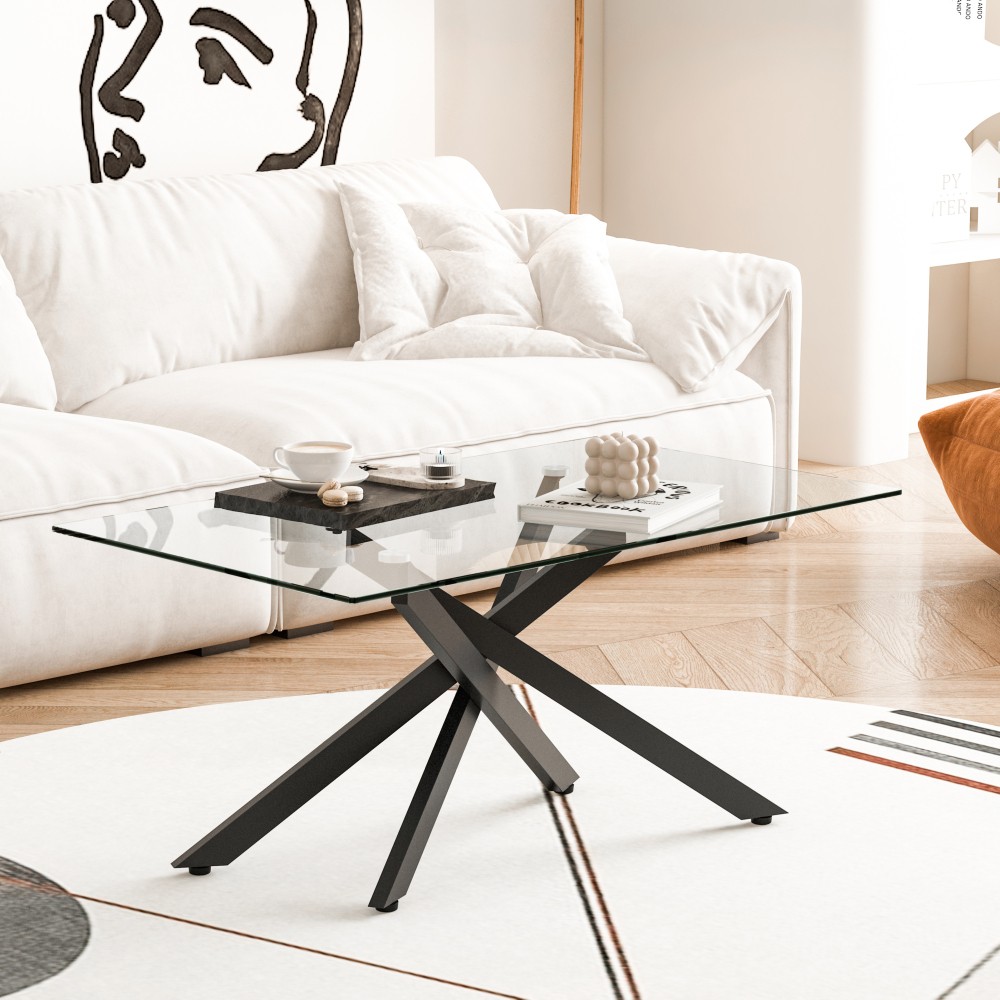 39.37″ Clear Tempered Glass Coffee Table Black Metal Legs for Living Room