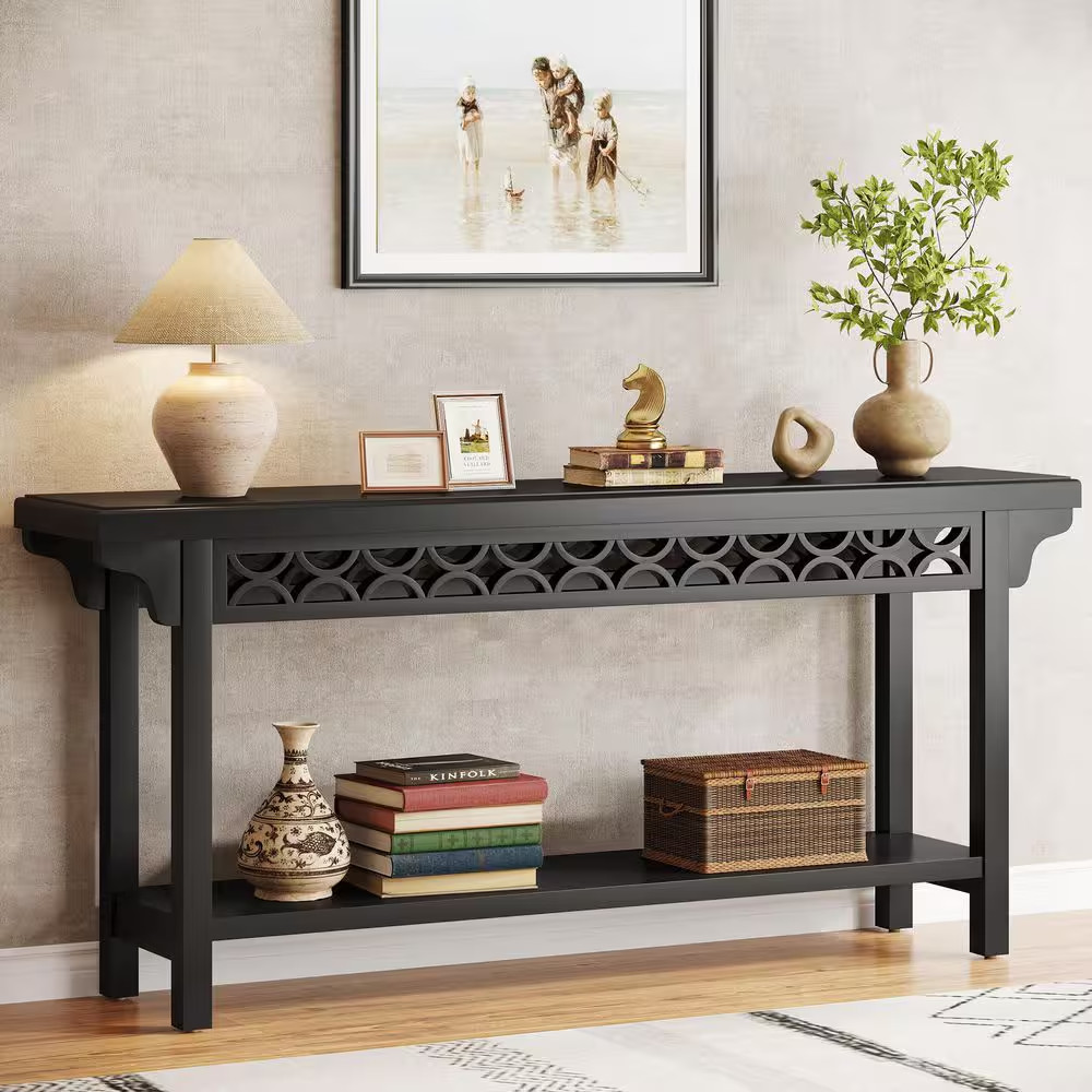 Turrella 70.8 In. Black Rectangle Solid Wood Console Table with Shel