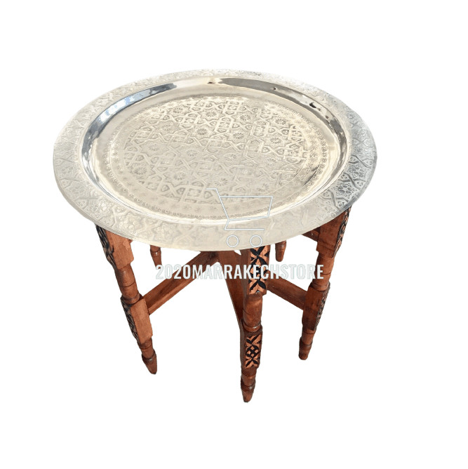 Handmade Moroccan 40″ Round Brass Tray Tea Table with folding Wood Stand Thuya W