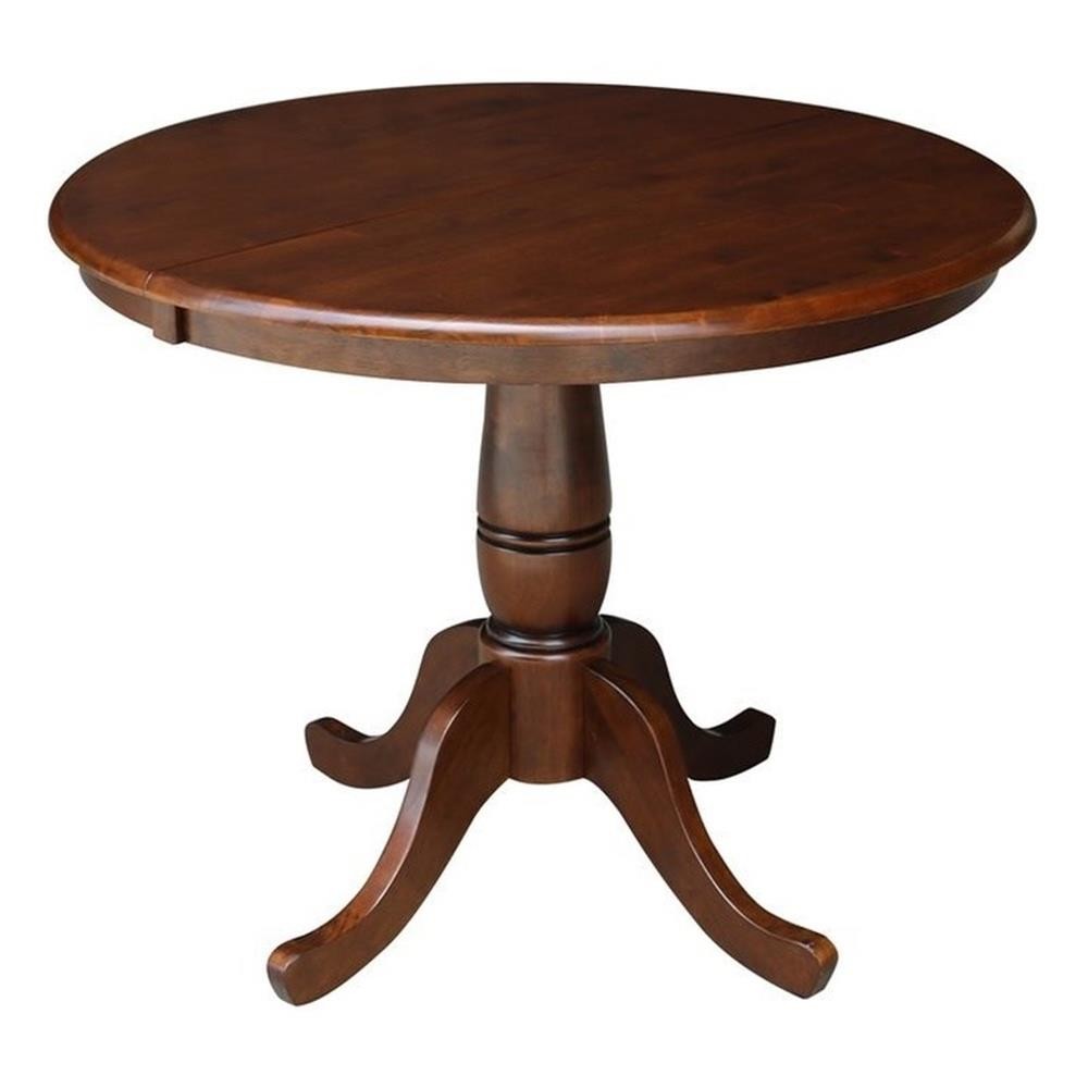 36″ Solid Wood Round Top Pedestal Table With 12″ Leaf – 28.9″H – Espresso