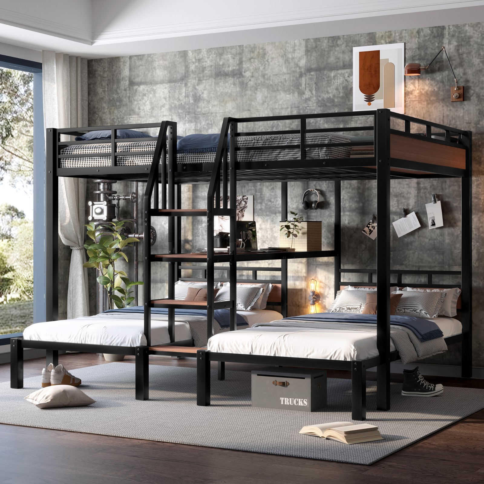 Twin/Queen over Twin over Twin Metal Bunk Bed Triple Bunk bed w/Storage Shelves