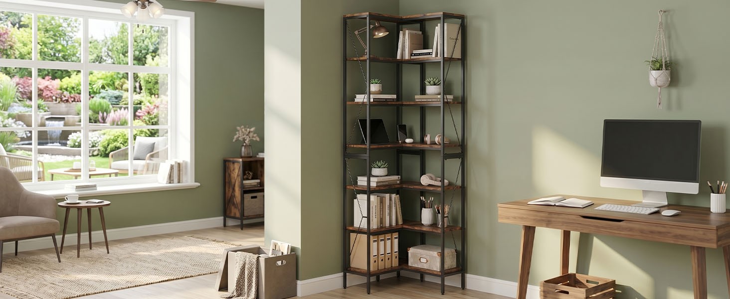 Transform Empty Corners! 7-Tier L-Shaped Bookshelf Industrial Rack For