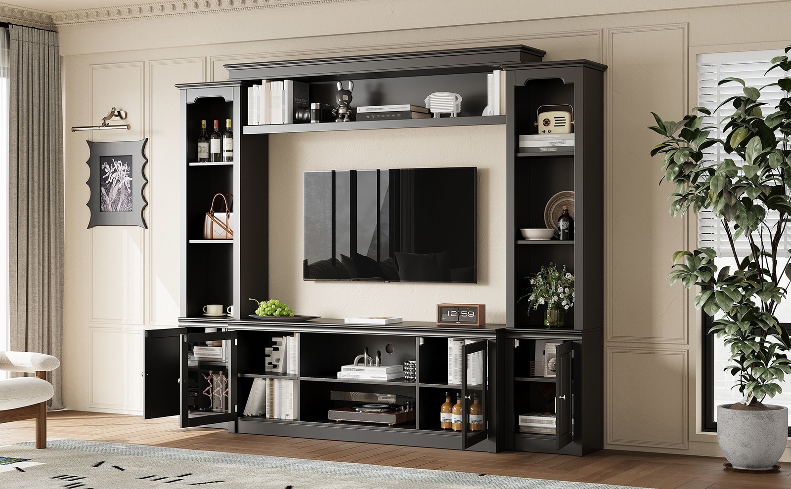 Modern TV Stand with Bookcase for TVs Up to 65″, 4 Shelves, Glass Doors