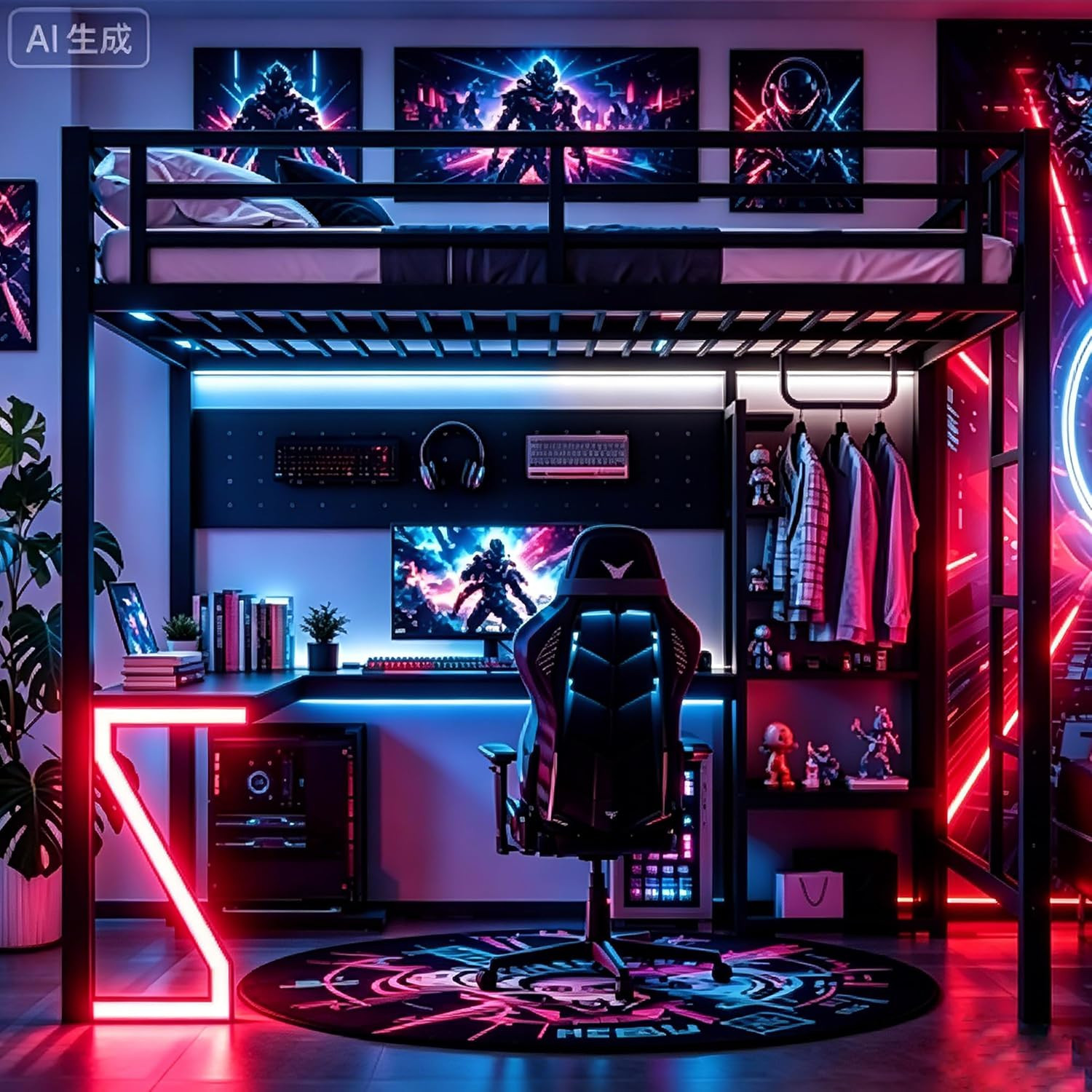 Queen Size Gaming Loft Bed with Desk, RGB Lights & USB Ports – Black