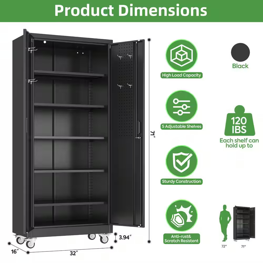 32 In.W X 71 In.H X 16 In.D Steel Rolling Freestanding Cabinet with 5-Adjustable