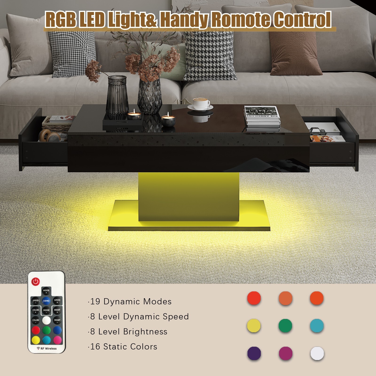 Coffee Table with LED Light, High-Gloss Black With Drawer Living Room Furniture