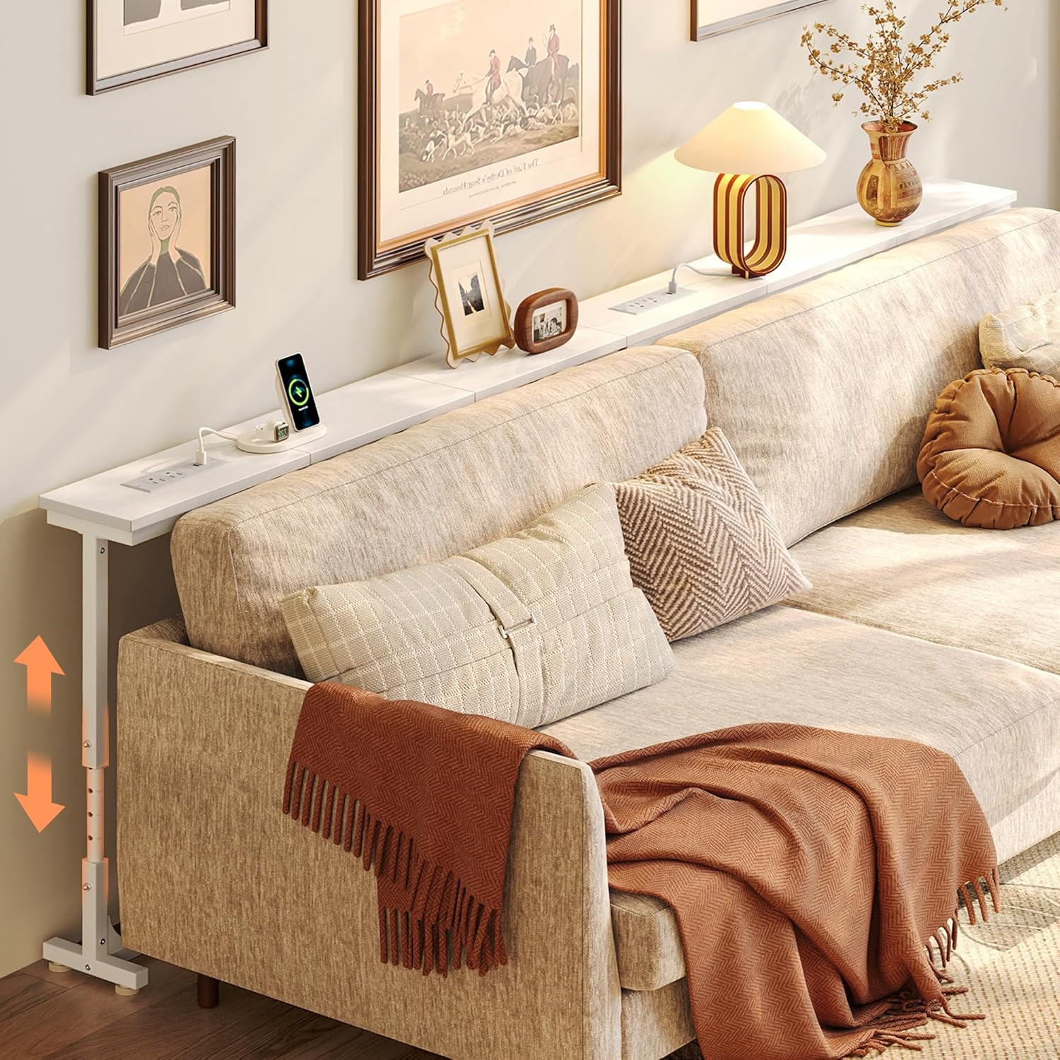 78.7 Inch behind Couch Table with Power Outlets, 23.9’’-34.4’’ Height Adjustable