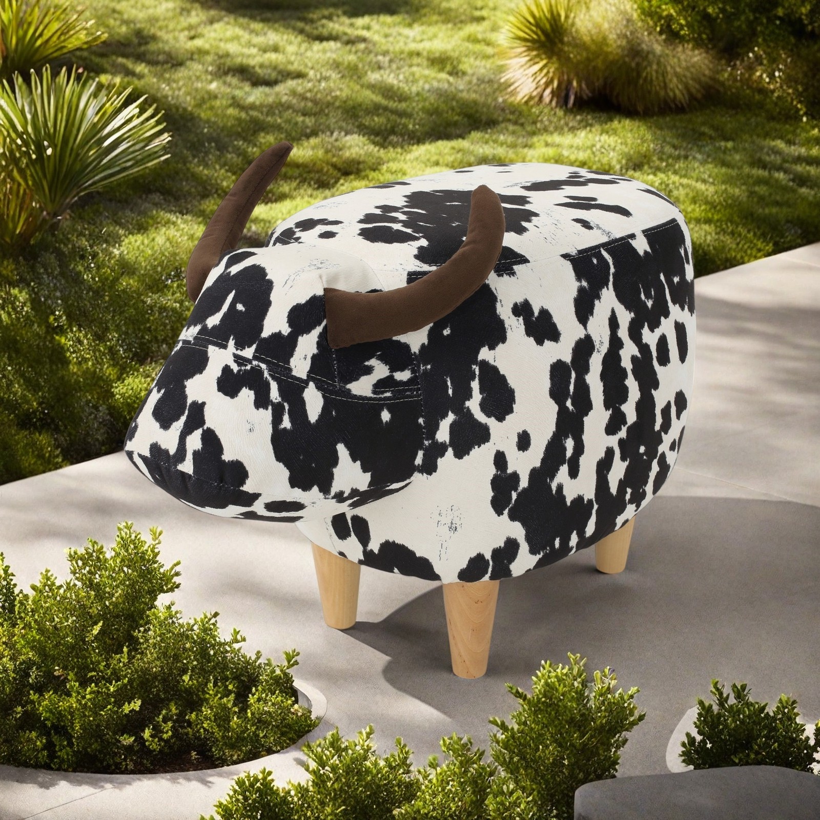 Cow Shaped Ottoman Cute Animal Footstool Wood Seat for Shoe Changing Entryway