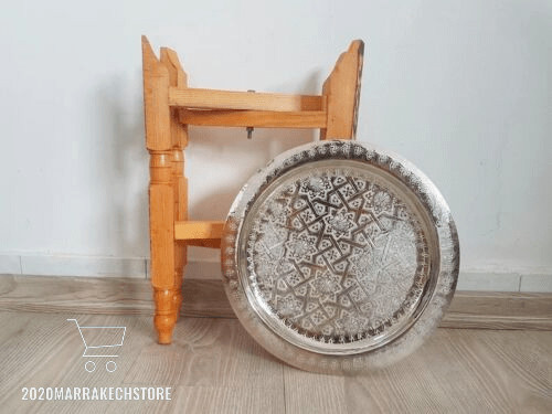 Handmade Moroccan 40″ Round Brass Tray Tea Table with folding Wood Stand Thuya W