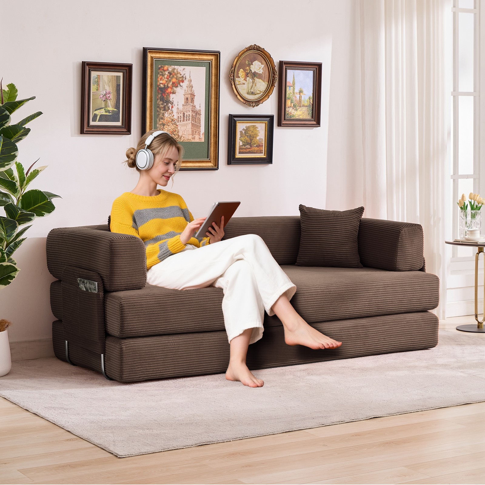 79″ Oversized 5-in-1 Convertible Corduroy Sleeper Folding Sofa Bed W/Pillows US