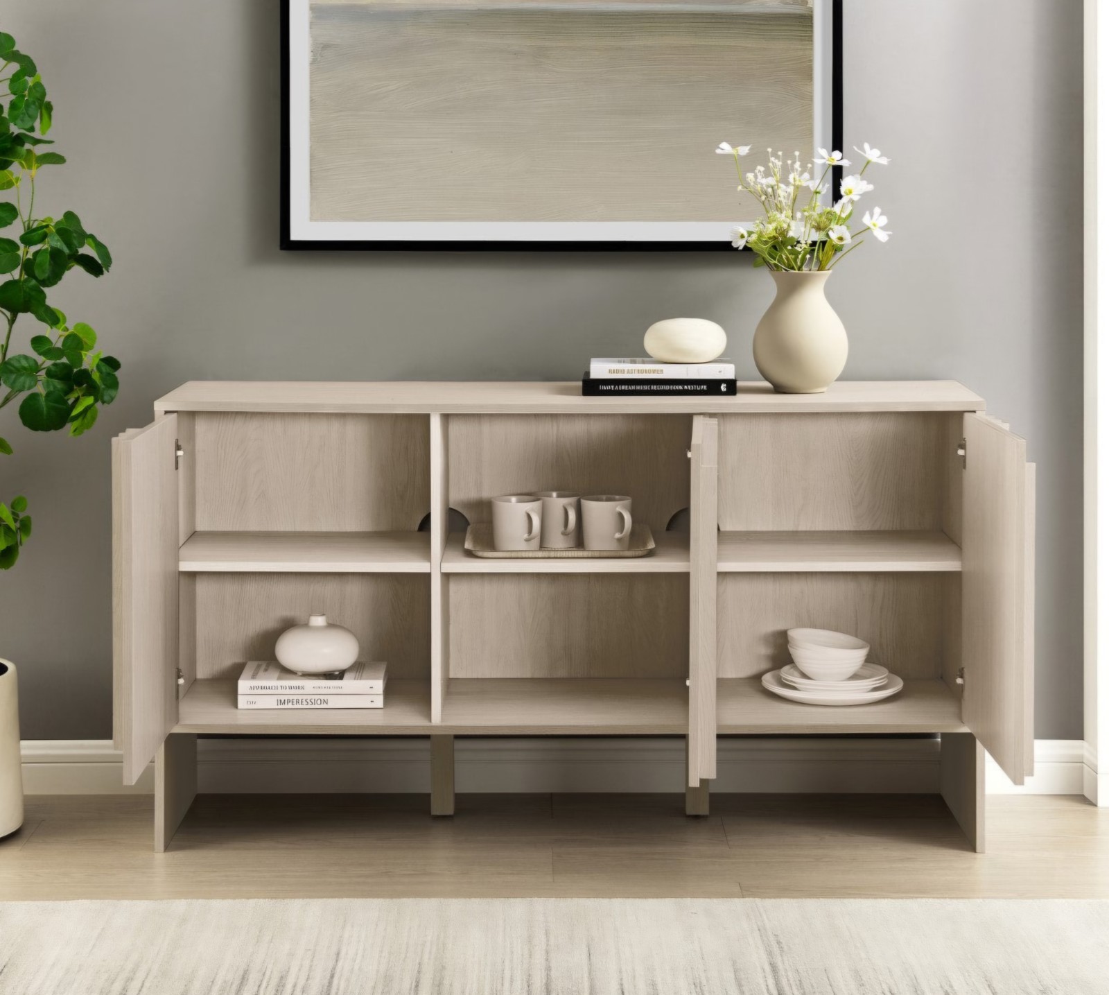 Modern Ivory Oak Sideboard, Console, Contemporary Vertical Detail, Storage, Door