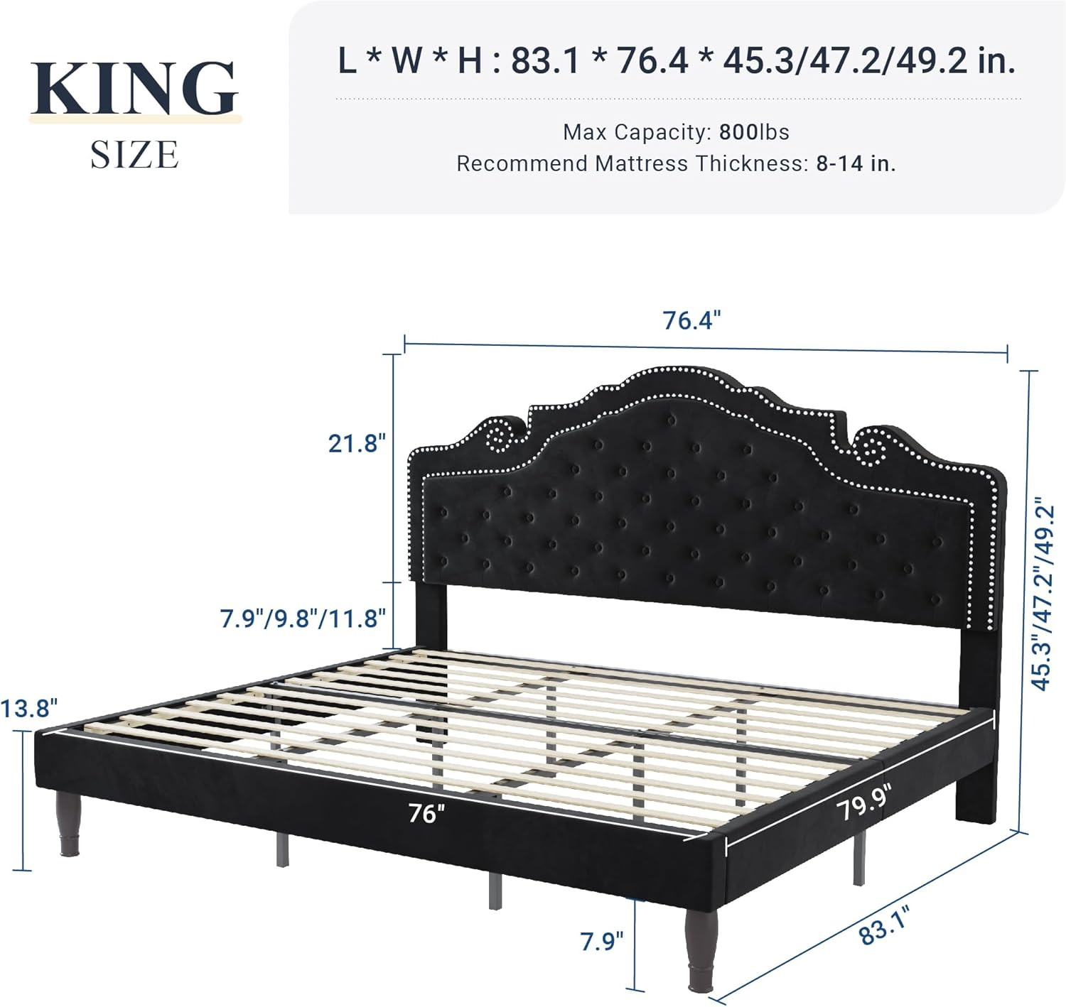King Size Platform Bed Frame with Adjustable Velvet Tiara Headboard, Upholstered