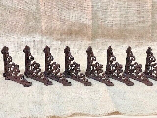 8 Small Shelf Brackets Fleur De Lis Cast Iron Brace Antique Style Corbels 4 x 4″