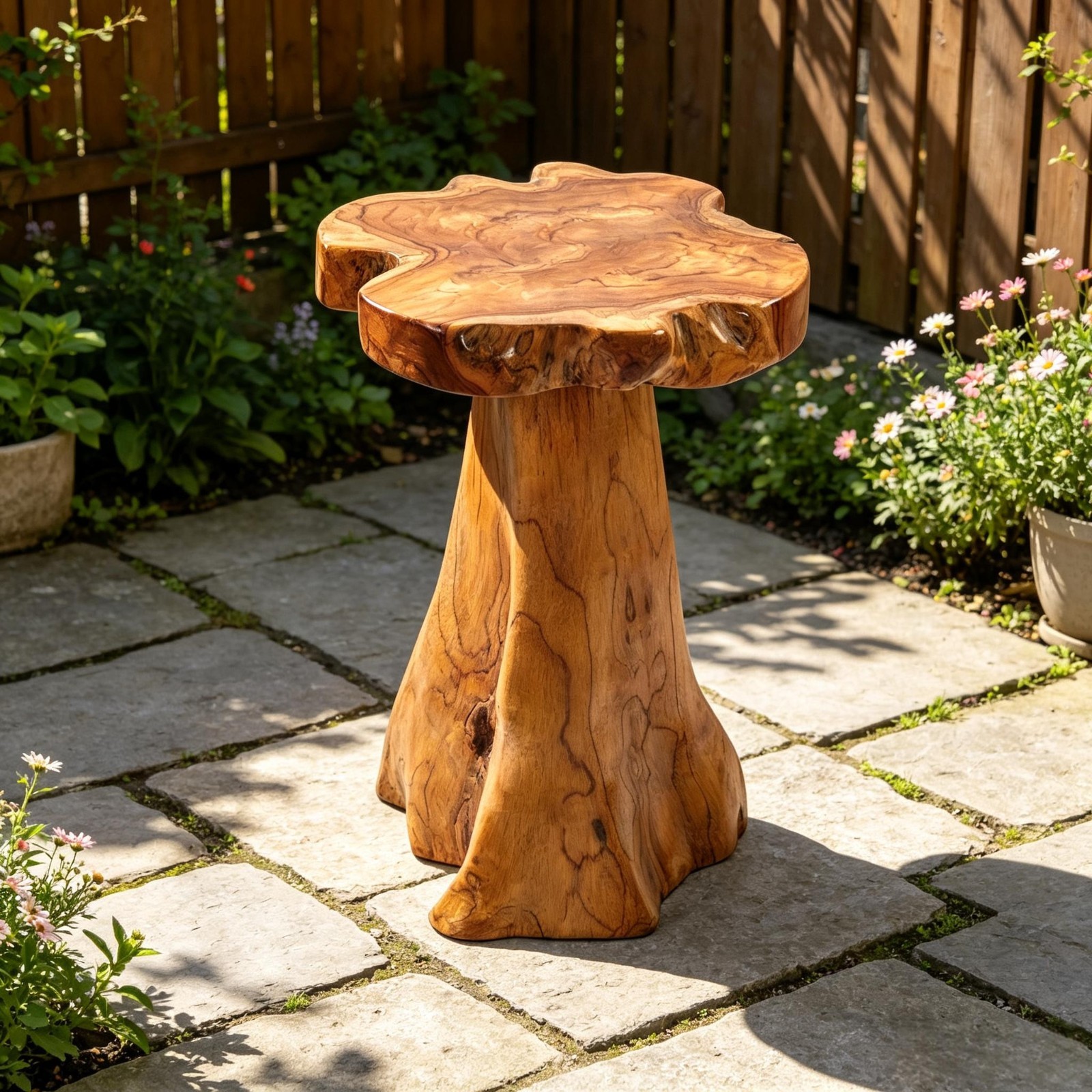 Rustic Teak Tree Stump Table – Live Edge Side Table or Stool, Natural Wood, Gift
