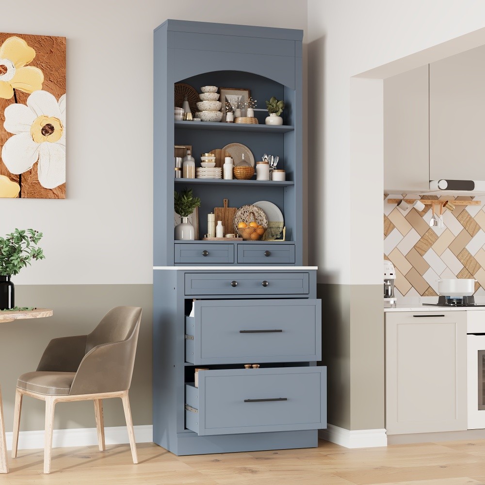 Freestanding Tall Kitchen Hutch W Faux Marble Top 5 Storage Drawers