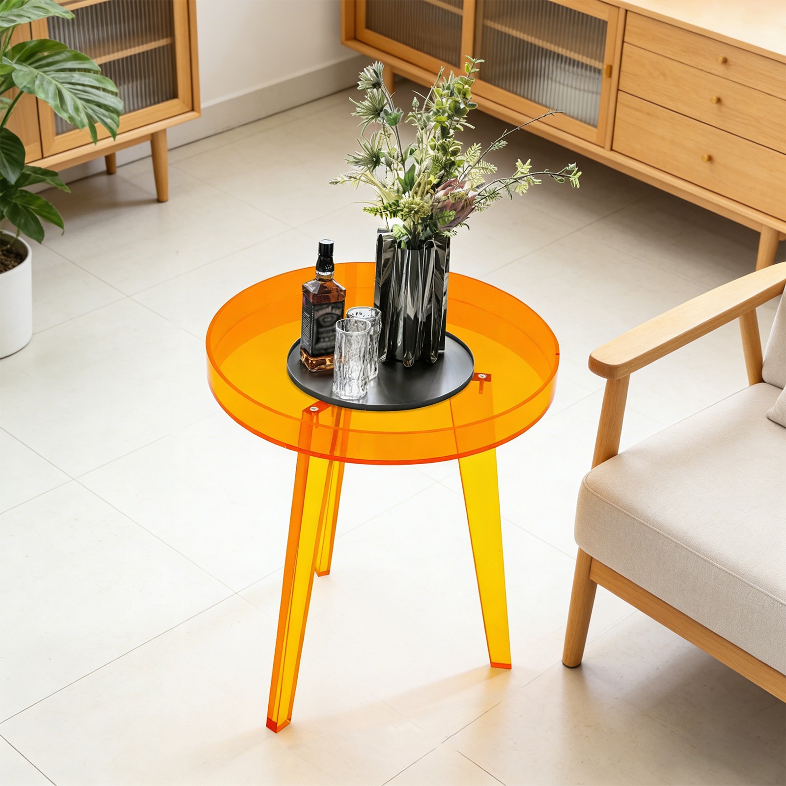 Freestanding End Table, Acrylic Side Table, Orange Side Table for Living Room