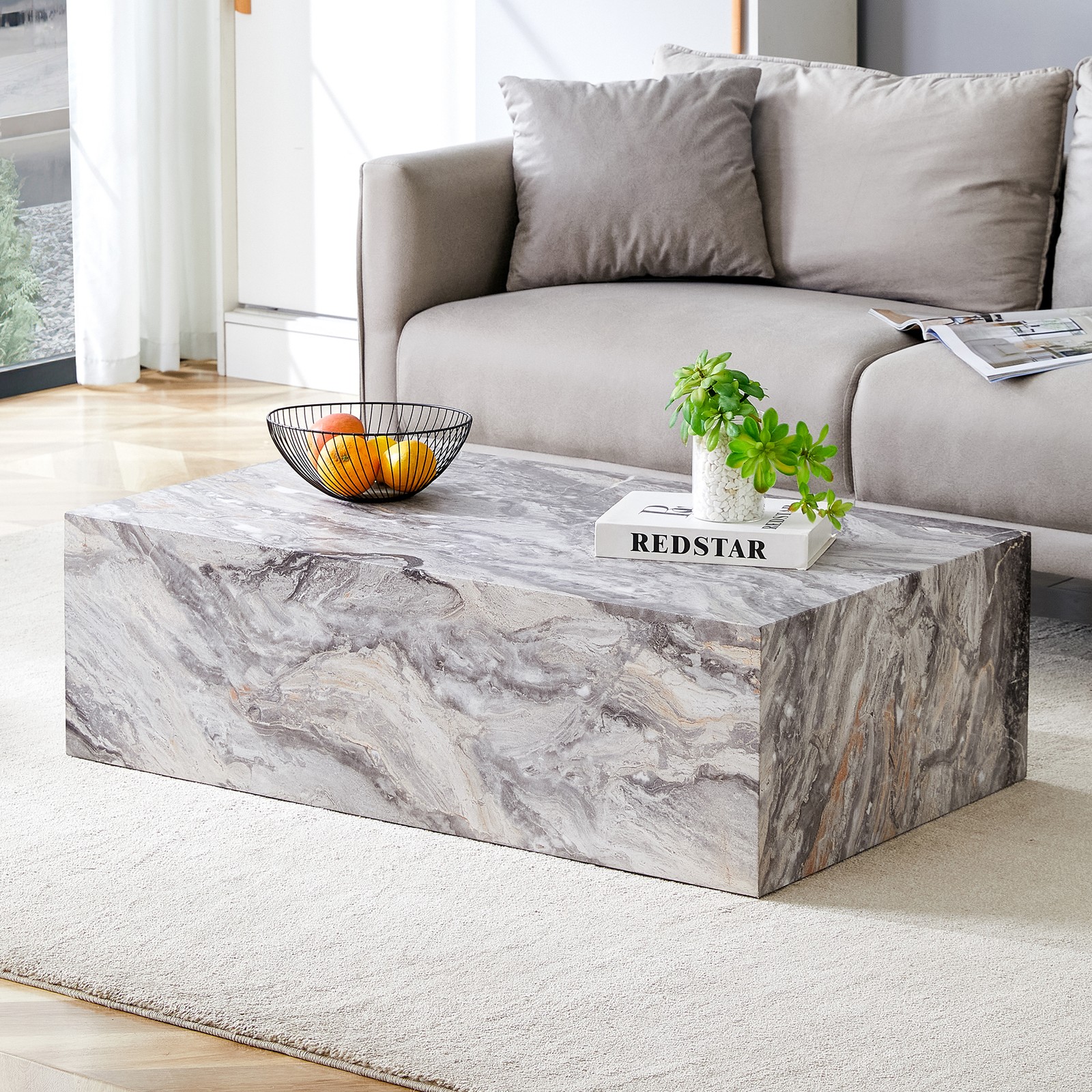 39.37 * 21.65 inch gray marble patterned MDF rectangular coffee table, stable