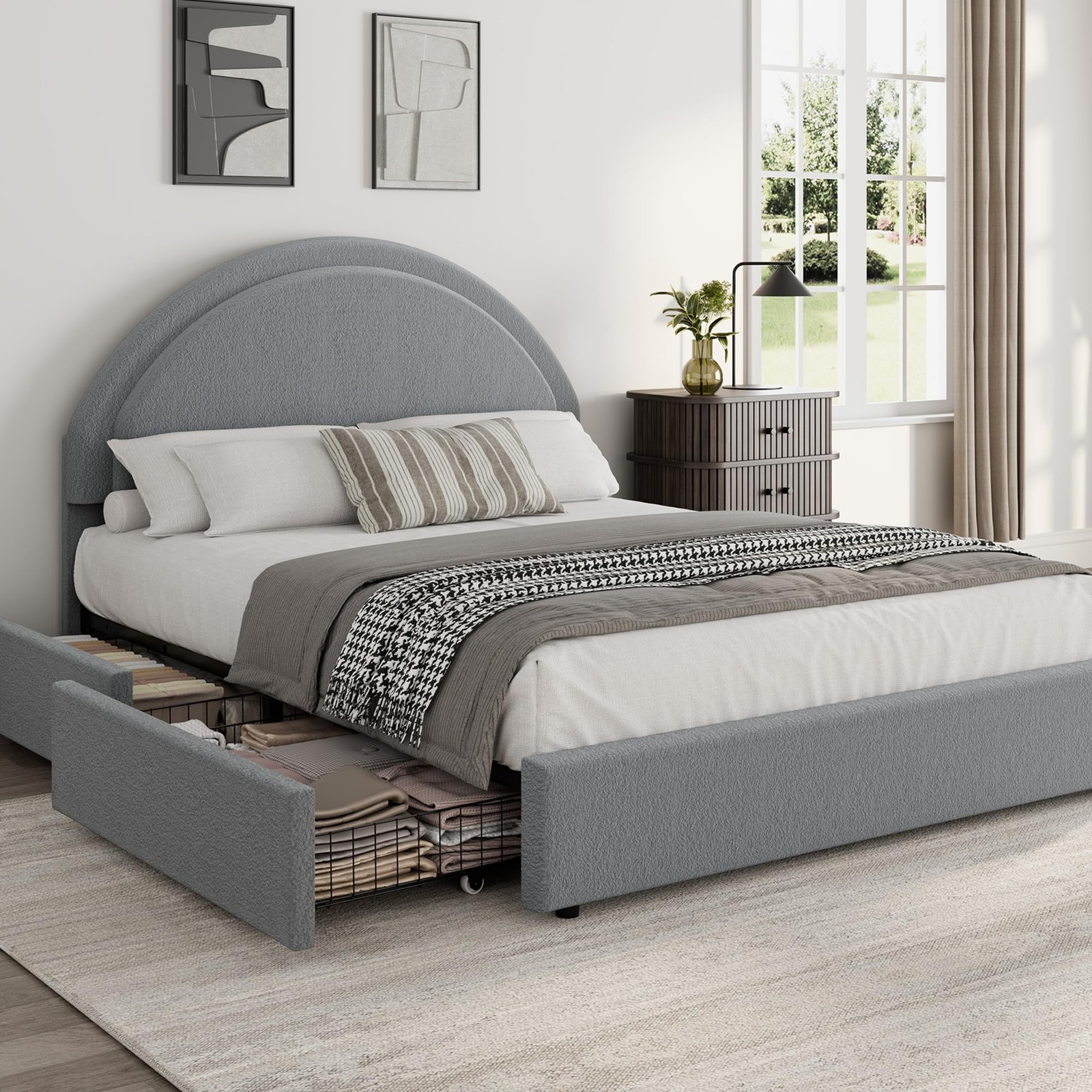 Queen Size Bed Frame ,Modern Boucle Upholstered Platform Bed Frame with Drawers