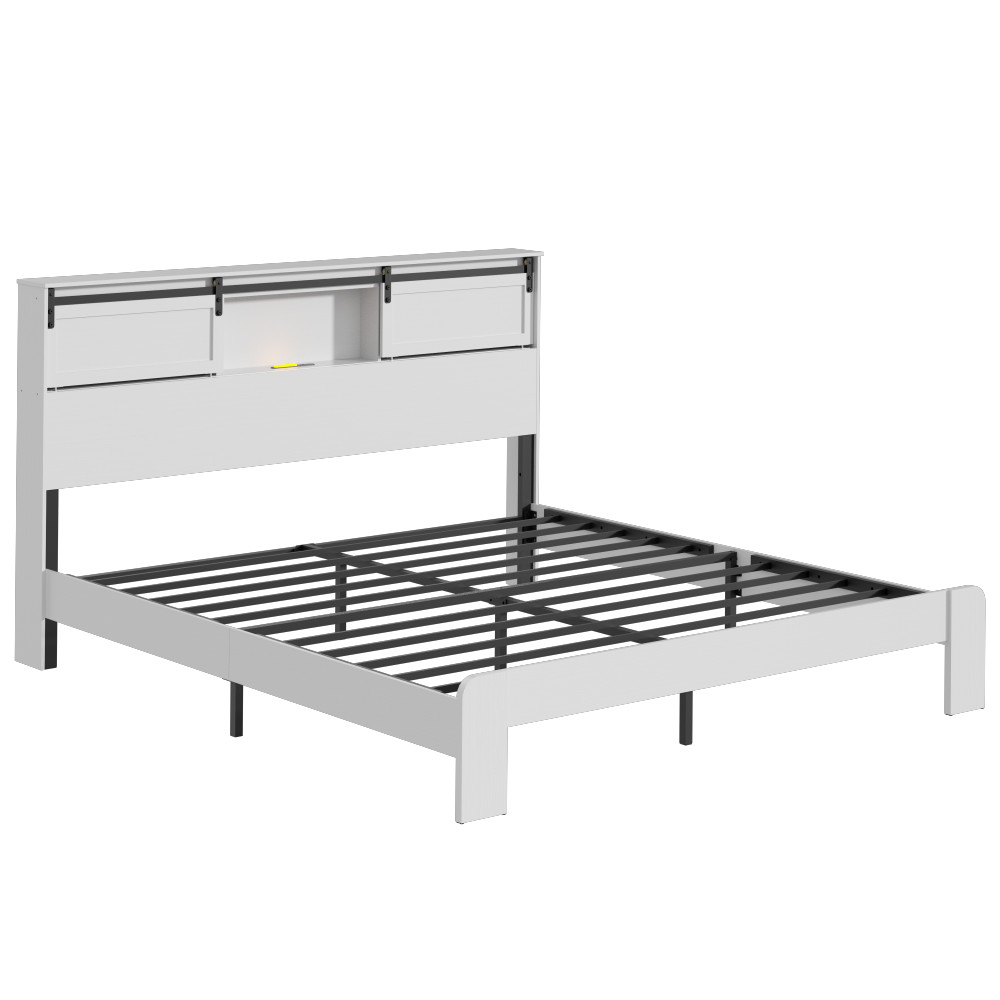 King size bed, metal bed frame with charging station, no need for box spring