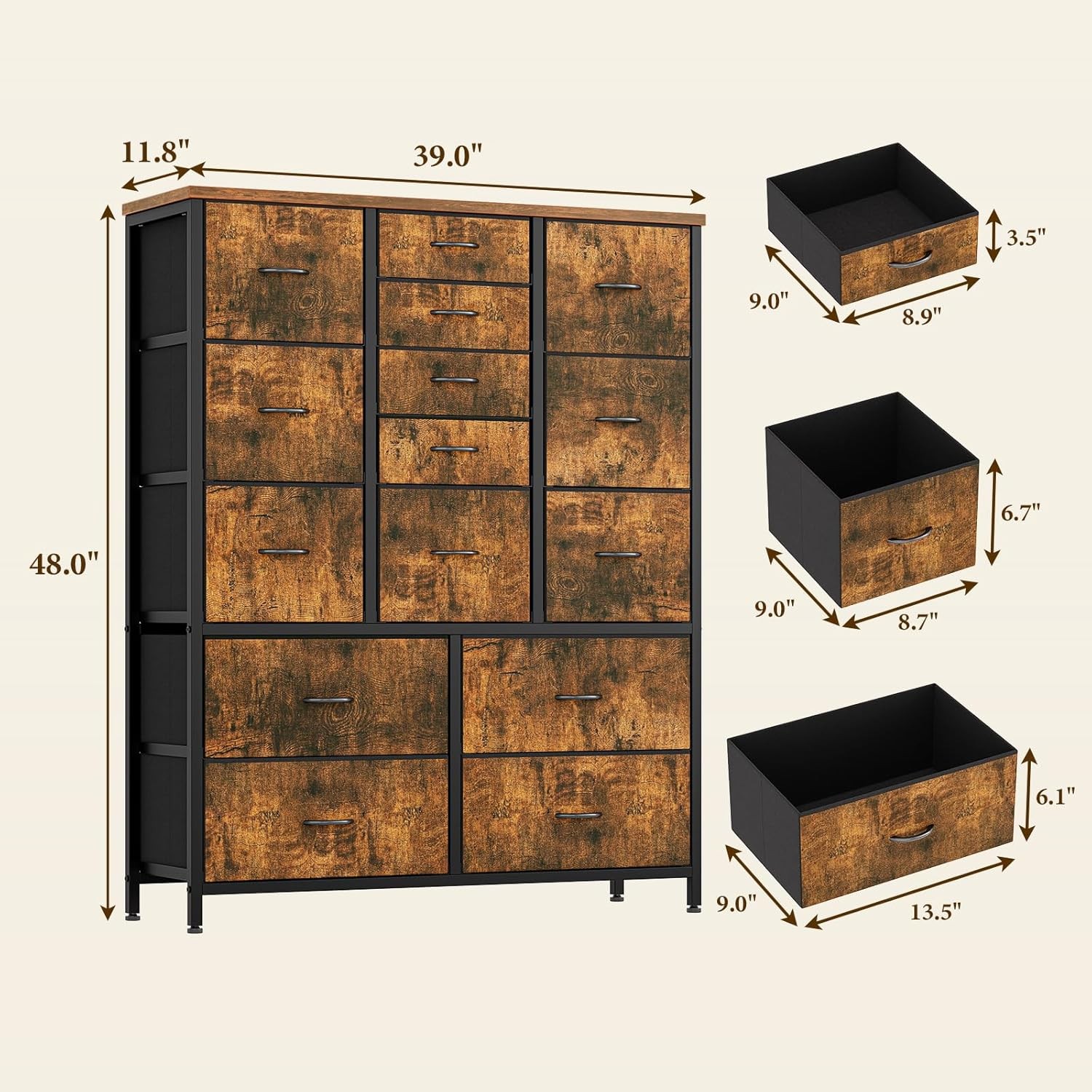 15 Drawers Dresser for Bedroom Chest Organizer Storage Tower with Fabric Bins