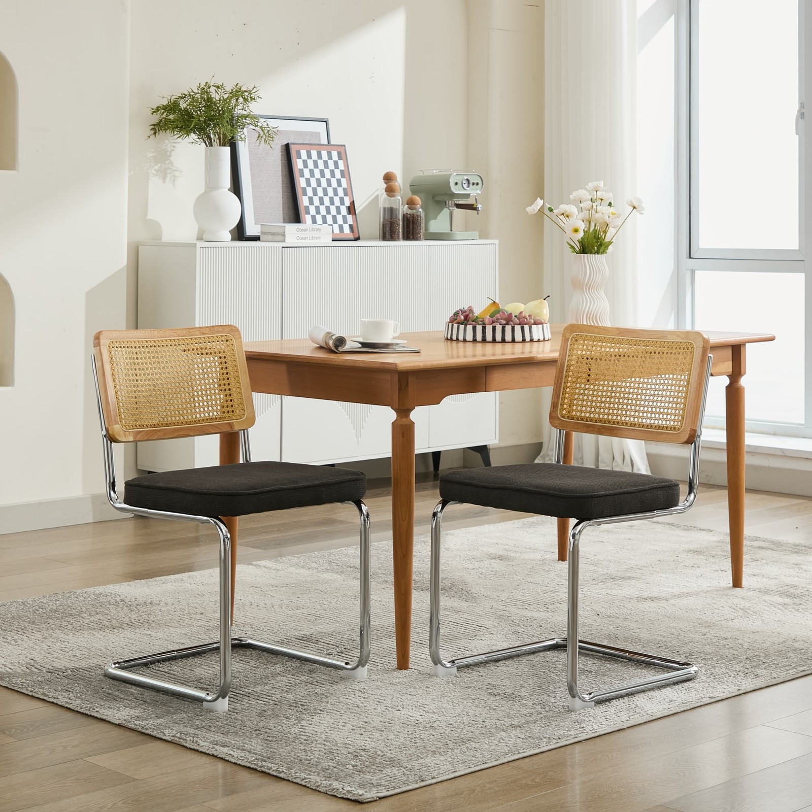 Set of 2 Mid Century Modern Kitchen Dining Chairs Natural Cane Back Chrome Base