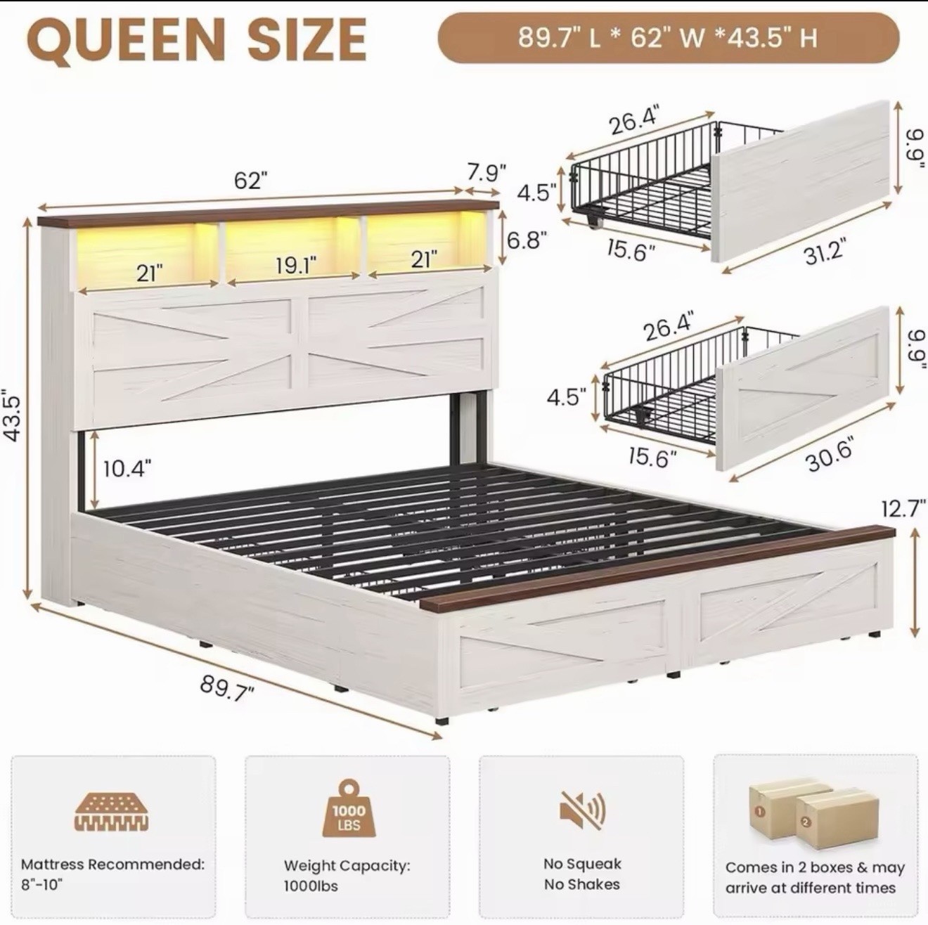 Queen Storage Bed Frame w/ LED Headboard, AC+USB, 6 Drawers (White)