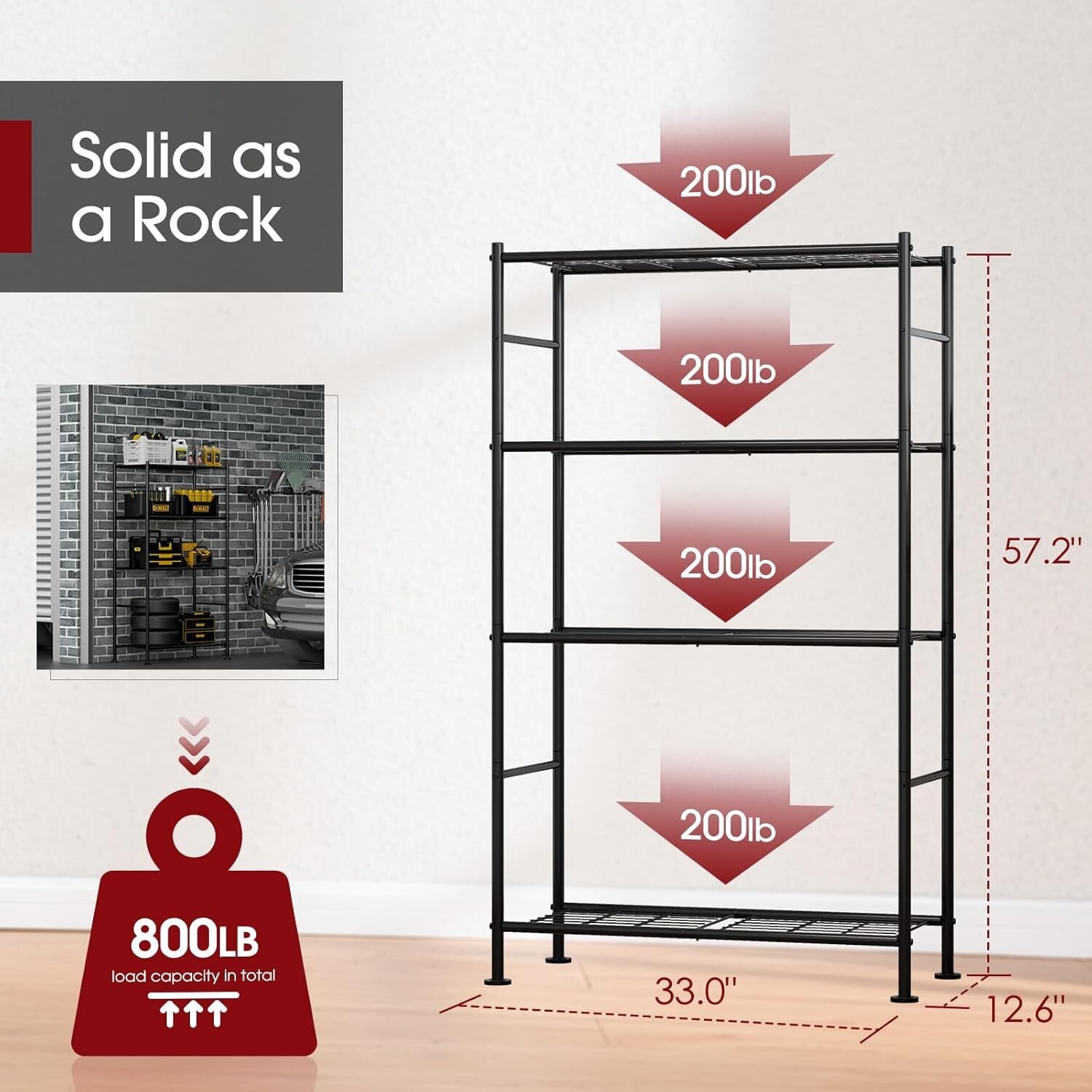 Compact Heavy Duty 4 Tier Shelving Unit – Easy Assembly, 800 lb Capacity, Black
