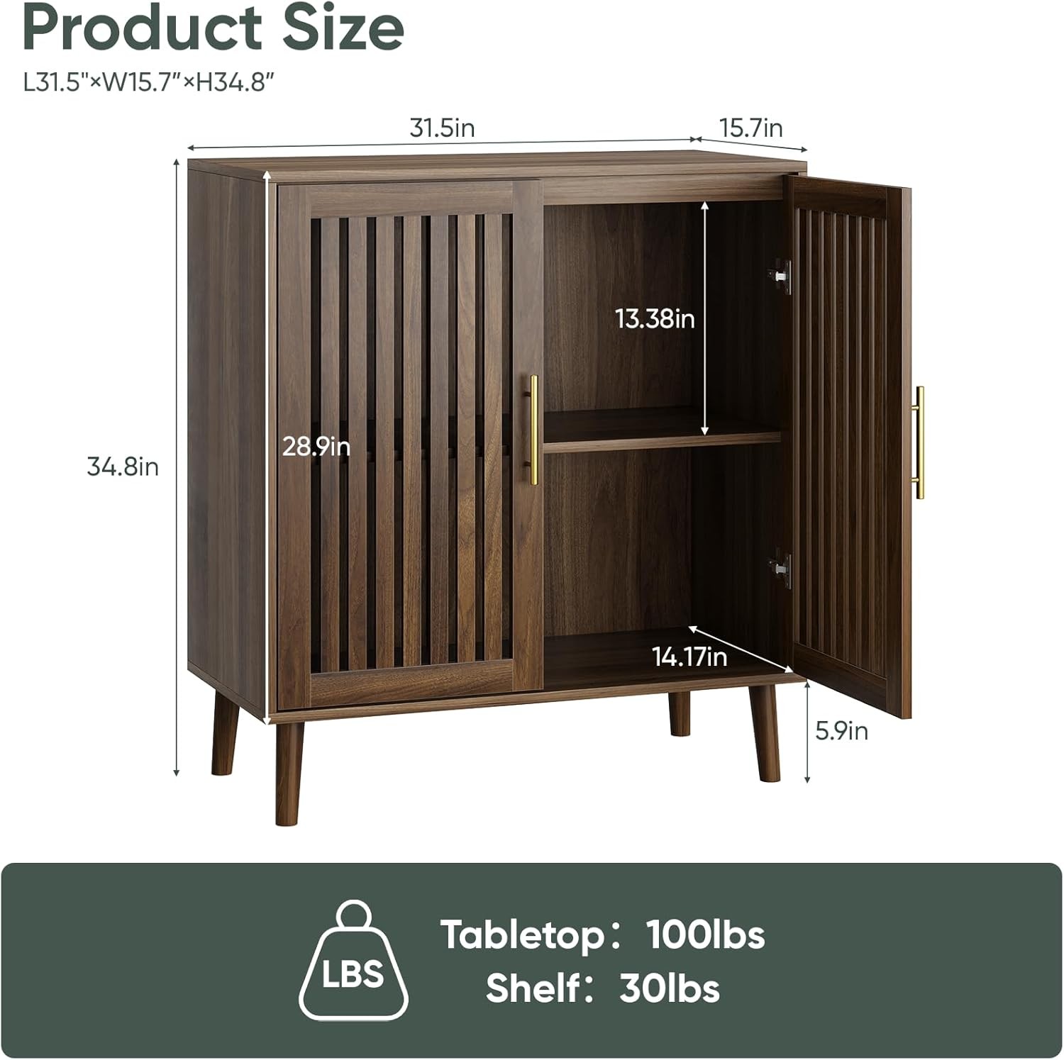 Sideboard Cabinet, 31.5″ W Farmhouse Buffet Cabinet with Slatted Doors &
