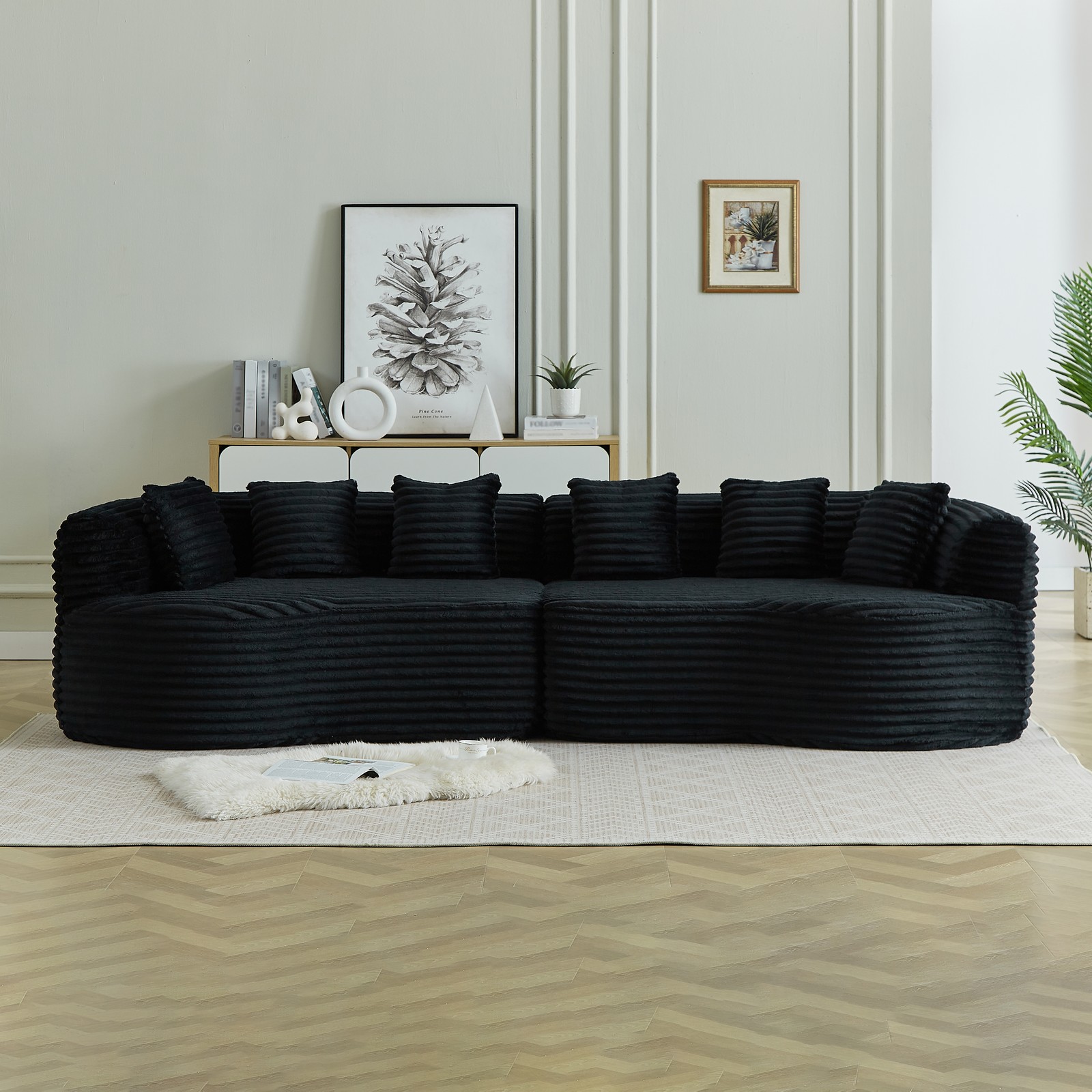 Curved Sectional Sofa 111.5″ Oversized Corduroy 4-Seater Black