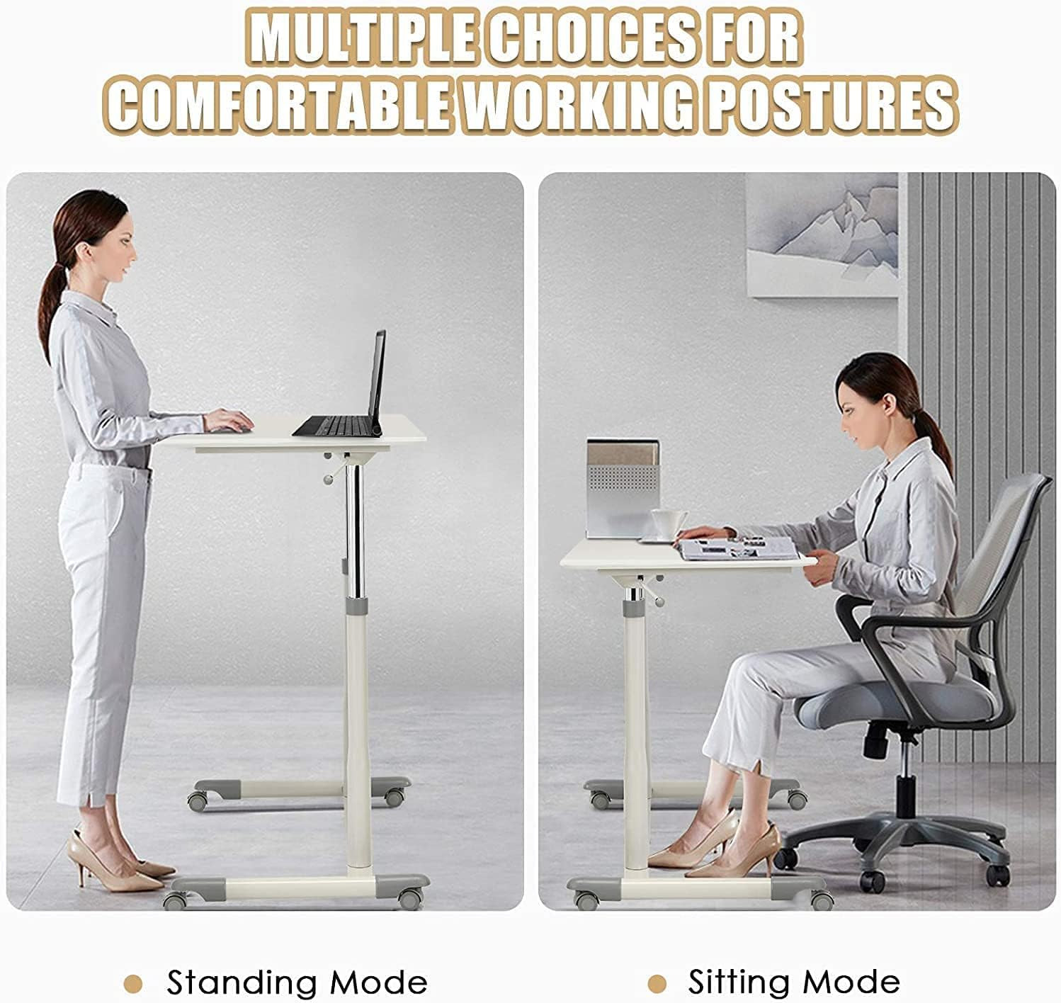 Rolling Sit-Stand Desk, Height Adjustable Standing Desk W/4 Wheels, Ergonomic Al
