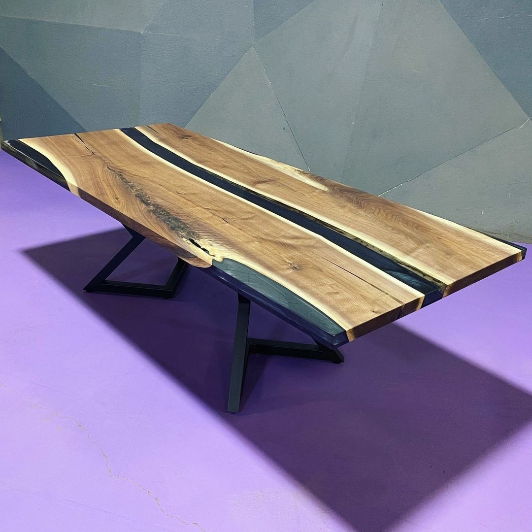 Live Edge Walnut Epoxy River Table | Handmade Blue Resin Dining Table Epoxy Rive
