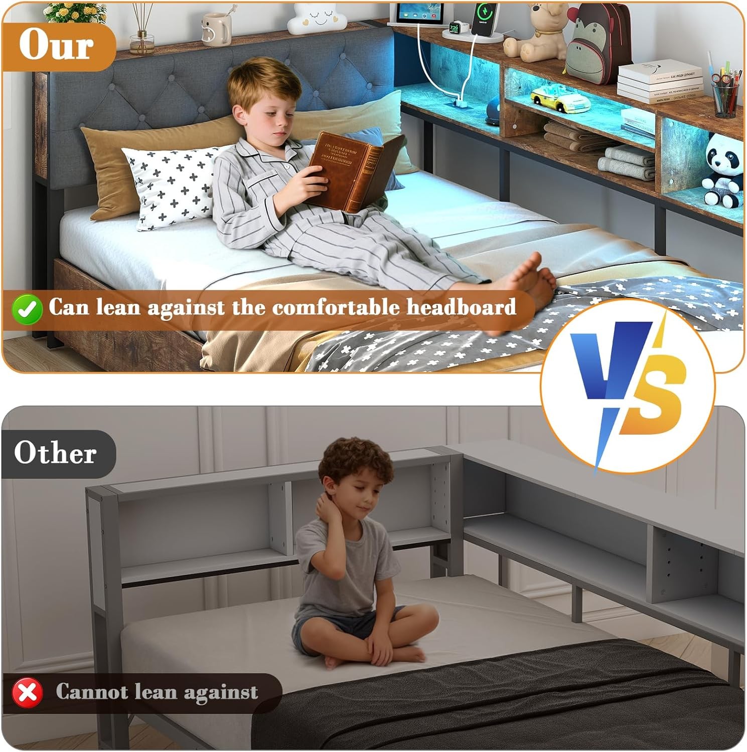 Corner Bed Frame with Storage Bookcase Twin / XL Daybed Kids Bed with Charging
