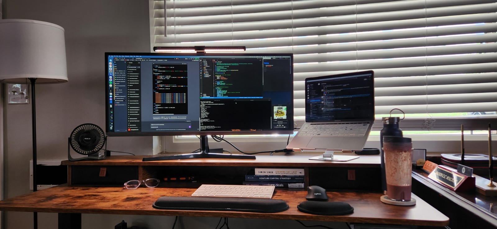 Wood Computer Desk with Shelves, Medium Tone, Brown/Black for Home Office