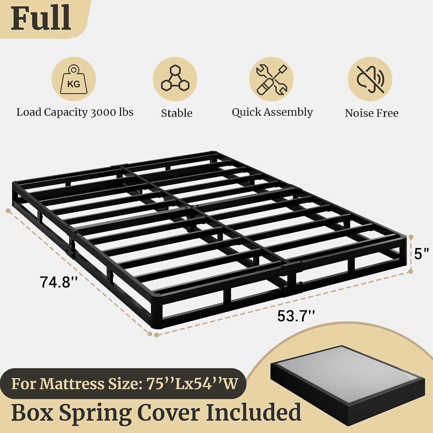 Full Size Box Spring, 5 Inch Low Profile Full Box Spring Only Bed Base, Heavy