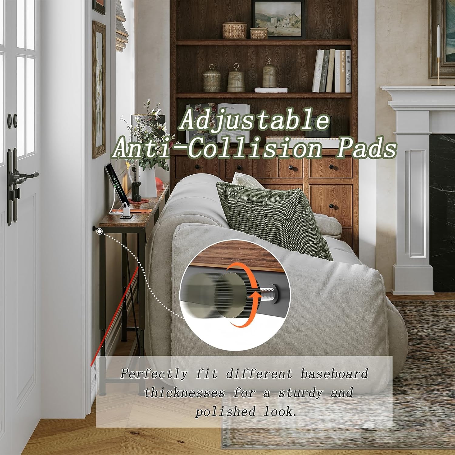 110.2″ Behind Couch Table Adjustable Height 23.8~34.8″ with 2 Charging Stations,