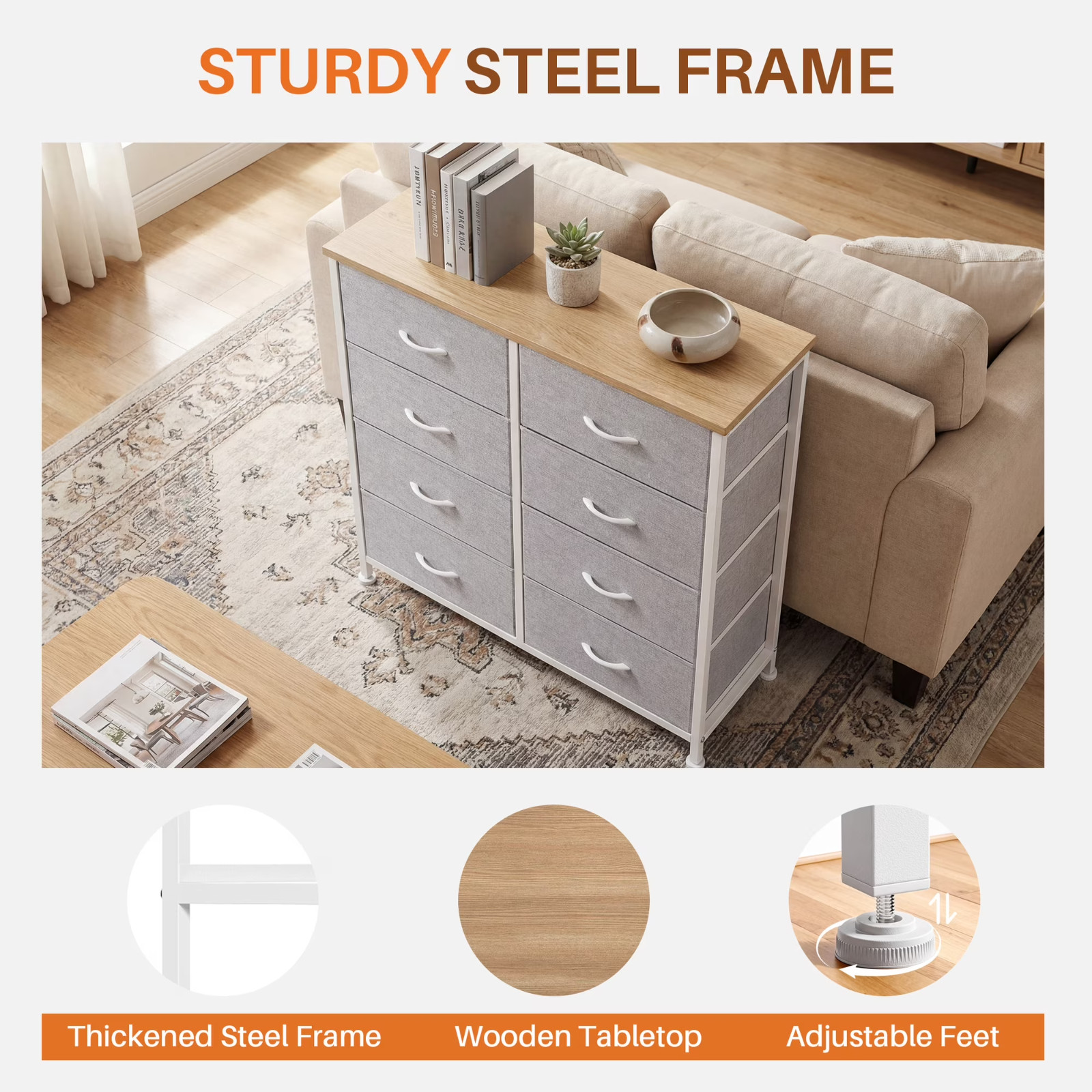 8-Drawer Fabric Dresser Storage Chest for Bedroom, Closet, Entryway, Light Gray
